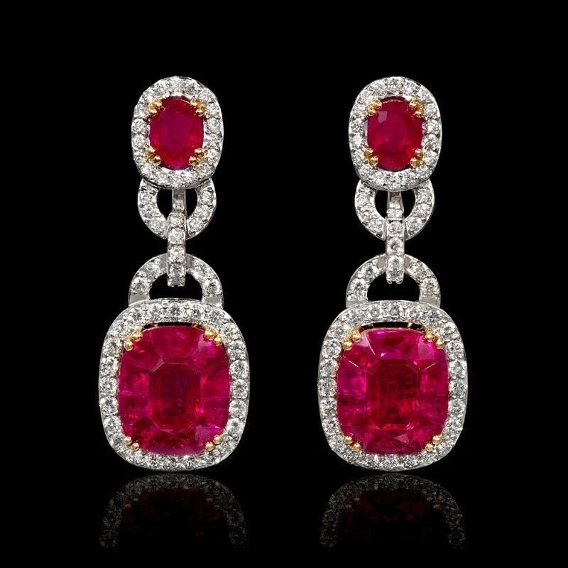 Cushion Cut Simulated Pink Ruby Halo Drop/Dangle Earrings 14k White Gold Plated