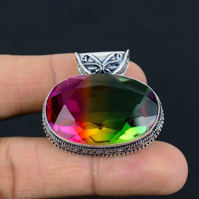 Bi-Color Tourmaline Gemstone Pendant Handmade 925 Sterling Silver Pendant