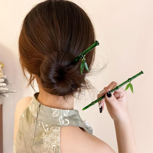2Pcs Green Bamboo Leaf Hair Stick Pin Resin Chinese Hair Sticks for Buns