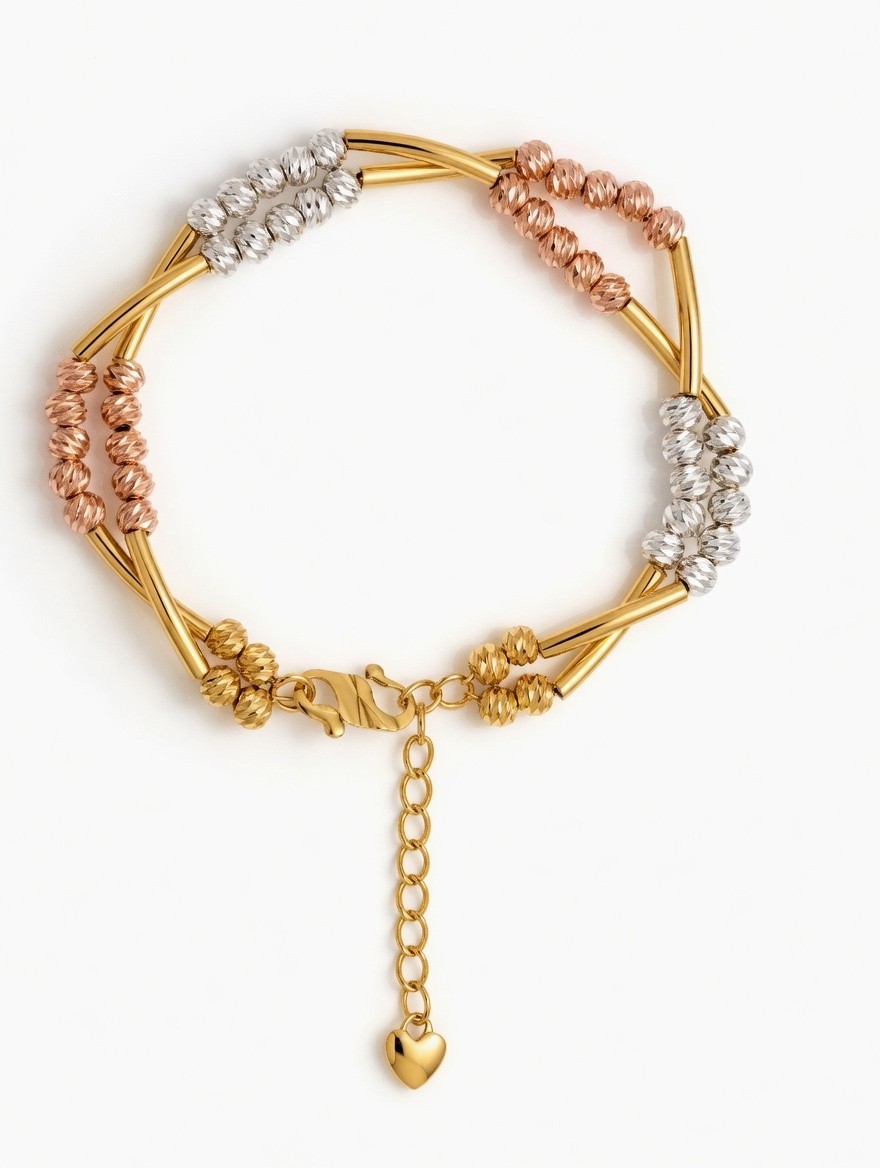 24K Gold Plated 2 In 1 Tri-Color Gold, Silver and Rose Gold Beaded Bracelets