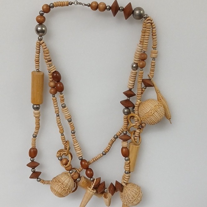 Bohemian Brown Beige Multi-Strand Wood Beaded Necklace Rattan Ball screw-closer