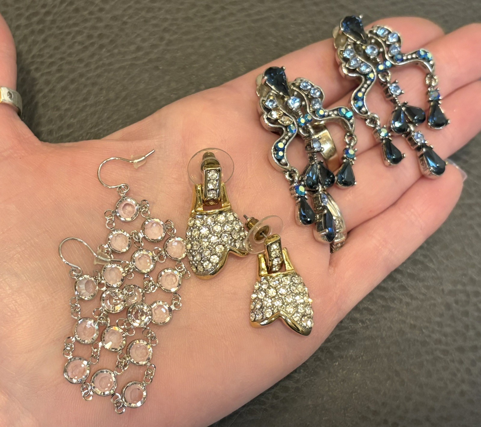 Vintage Lot Of 3 Rhinestone Dangle Drop Chandelier Pierced Statement Earrings