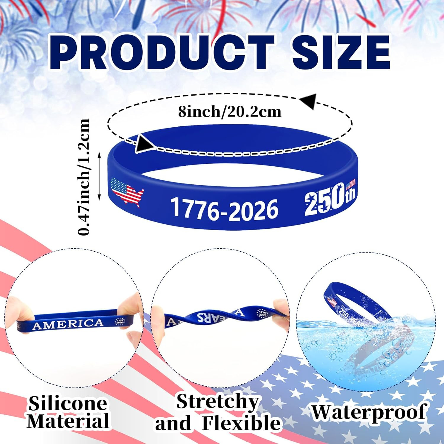 42 Pcs 250Th Anniversary Silicone Bracelets, Patriotic Wristbands Red White Blue
