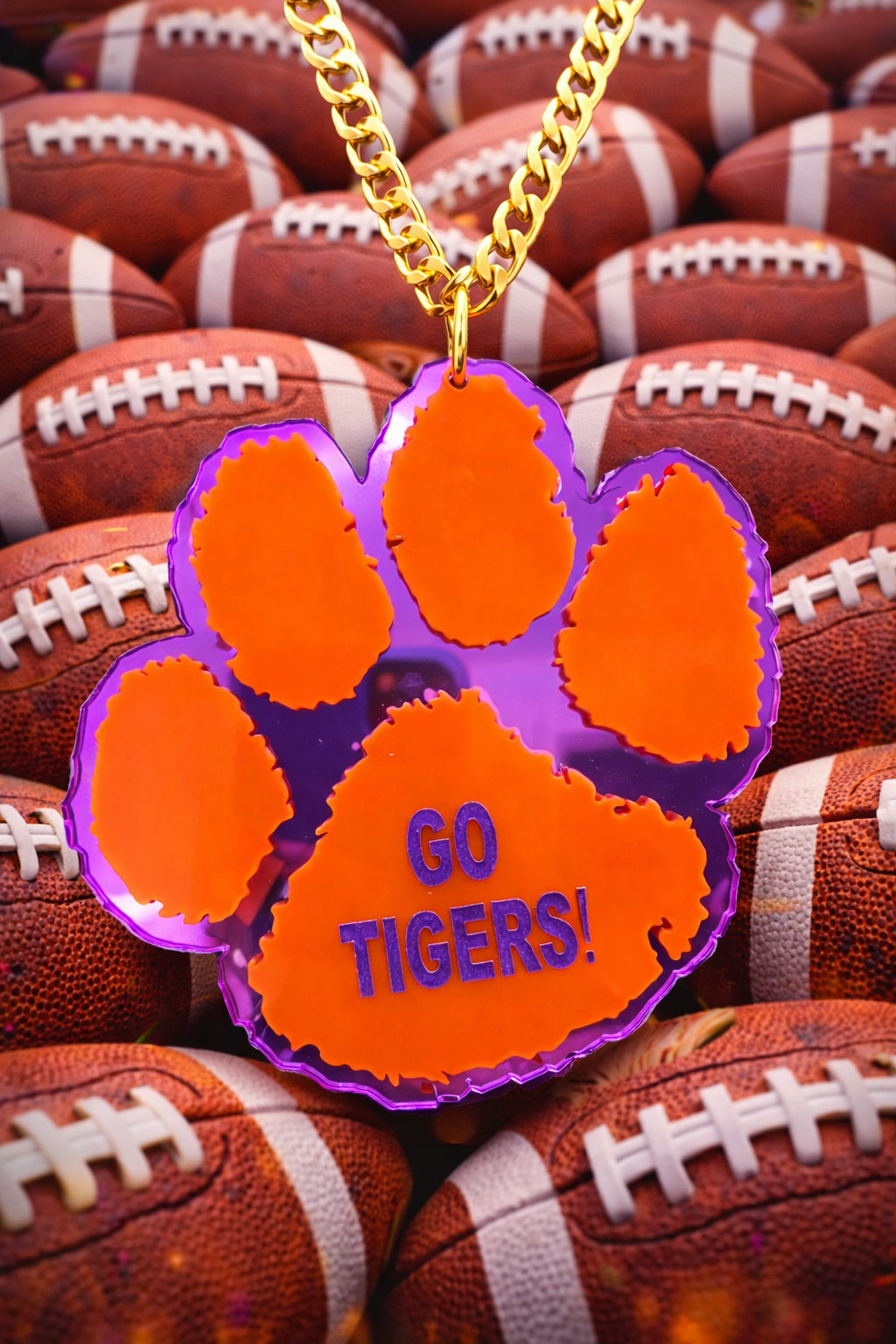 Clemson Tigers Paw Acrylic Fan Chain Necklace Orange Purple Gold Go Tigers