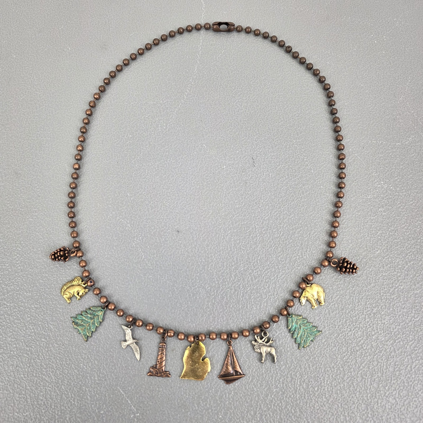 Michigan Themed Charm Necklace Ball Chain Copper Bronze Tone Lighthouse Map Elk