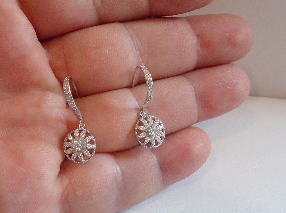 STERLING SILVER DROP/DANGLE EARRINGS .60 CT LAB CREATED DIAMONDS/ NEW DESIGN!