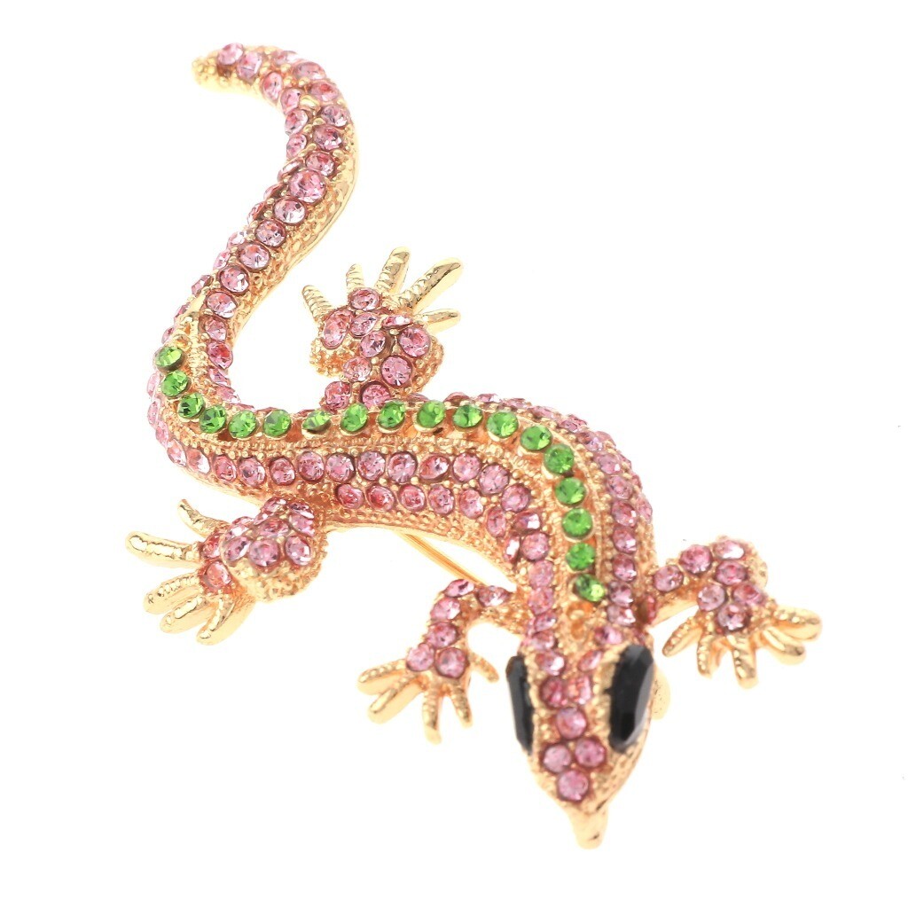 Gold Tone Metal Lizzard Brooch With Rhinestone P1393-PKGN