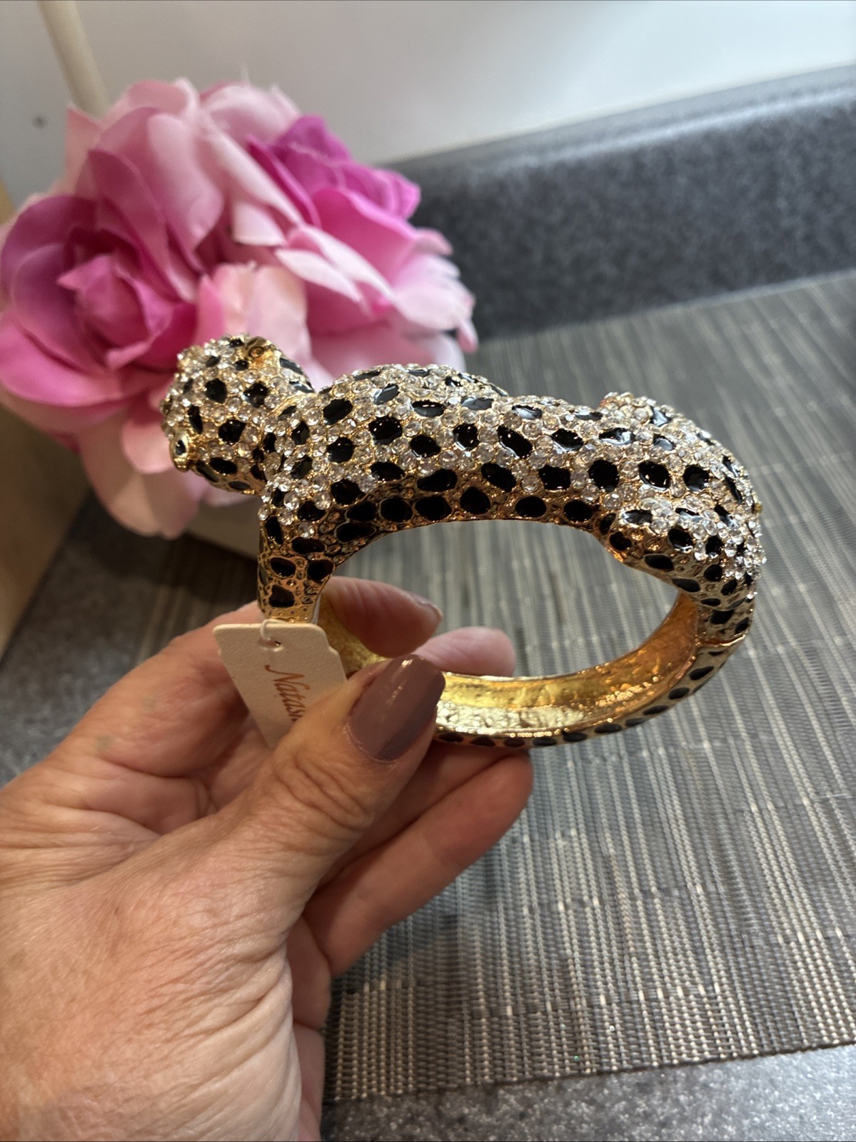 Natasha Gold Leopard Panther Cuff Bracelet Rhinestone, Enamel Green Eyes.