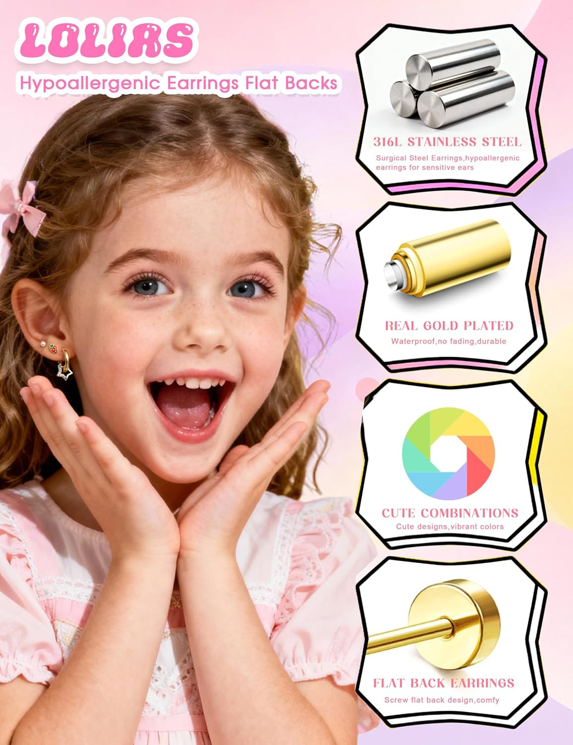 Hypoallergenic Earrings for Girls Flat Back-Stainless Surgical Steel Earrings fo