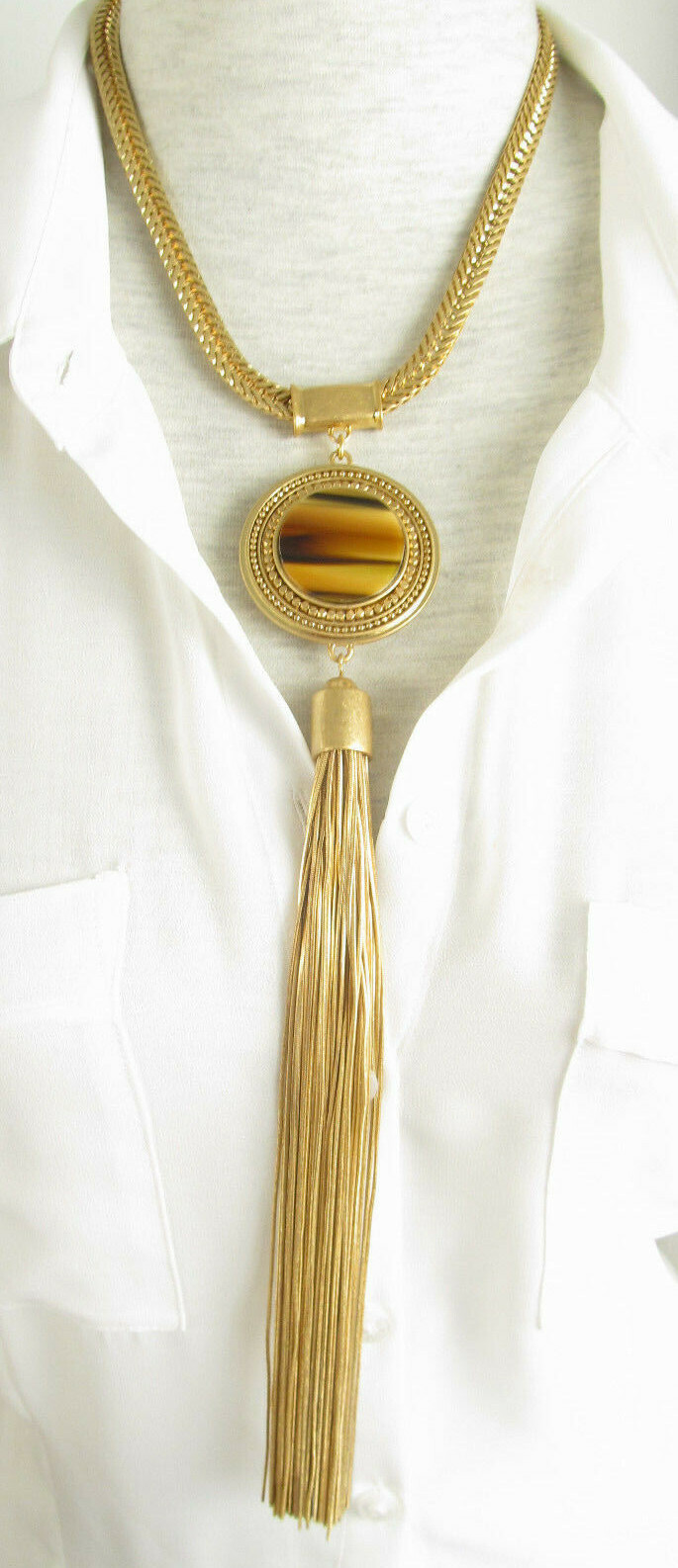 Vince Camuto Gold Tone Brown Horn Circle Y Tassel Necklace $158 NWT