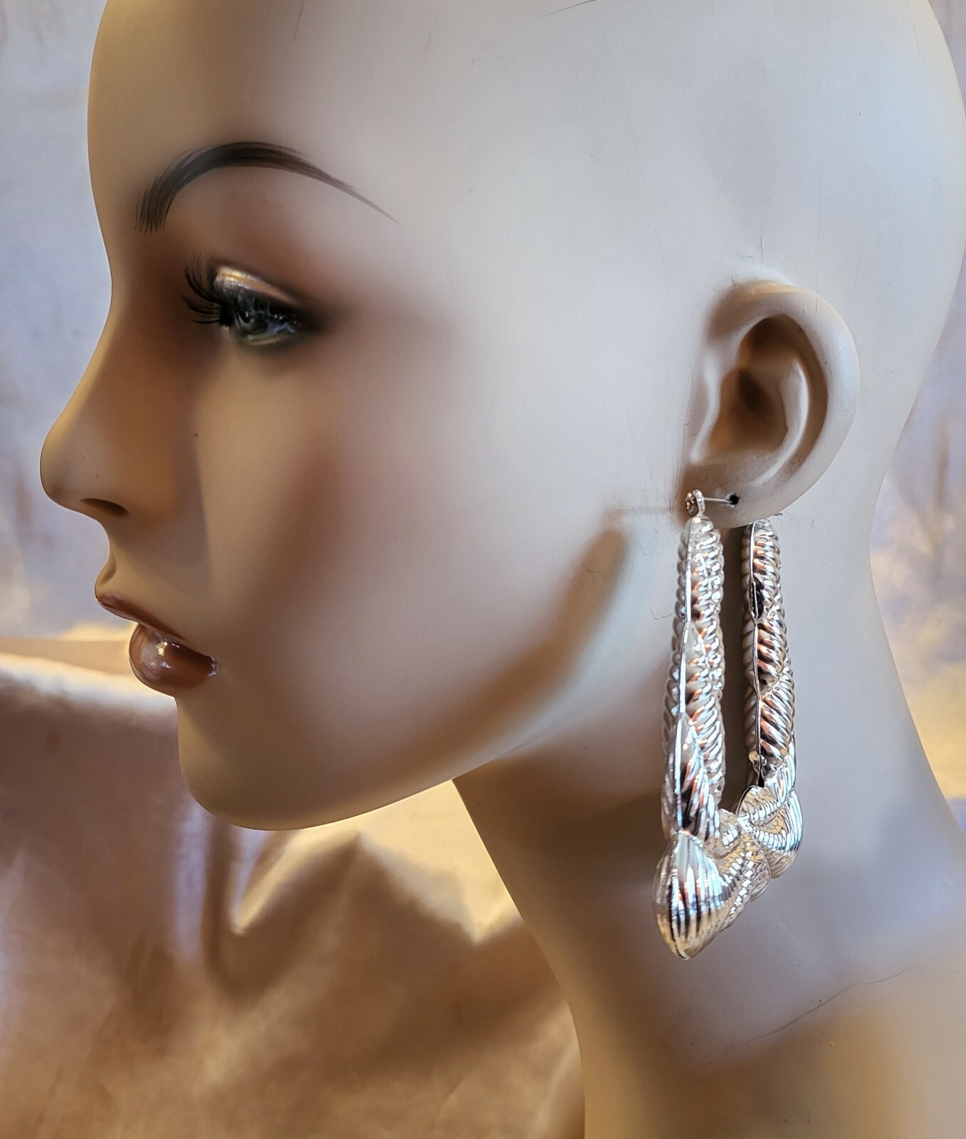 LARGE 3″ SILVER RETRO CHUNKY TRAPEZOID BAMBOO DOOR KNOCKER 80’s HOOP EARRINGS