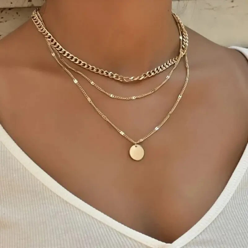 Gold Women 3 Three Layered Choker Pendnat Necklace Fashion Jewelry – Party