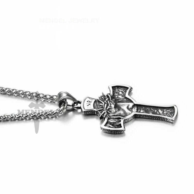 Mens Stainless Steel Jesus Christ Face Crucifix Cross Alloy Pendant Necklace