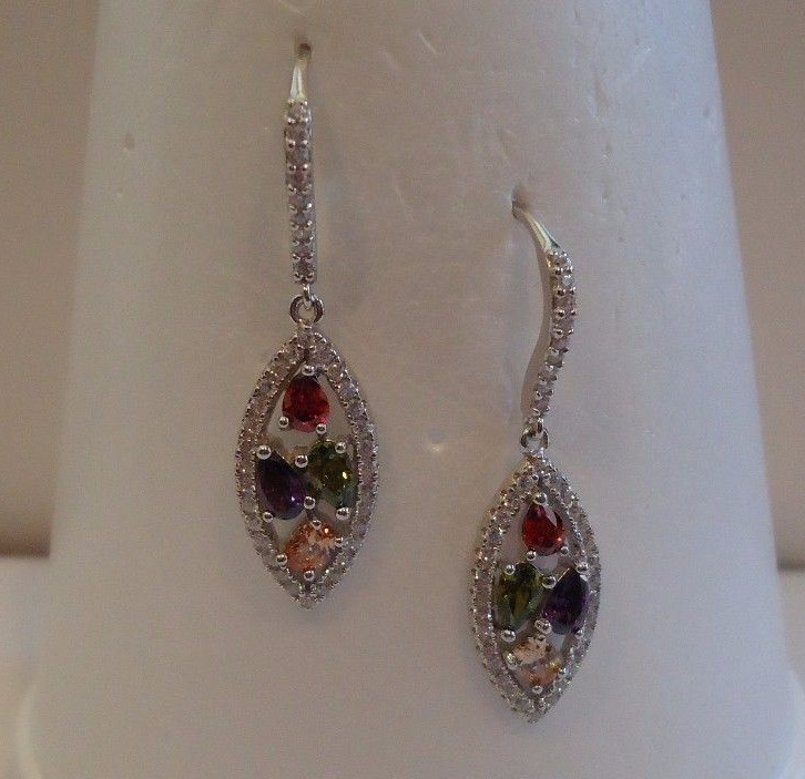 Pear Cut Simulated Multicolor Drop & Dangle Hook Earring 14k White Gold Plated