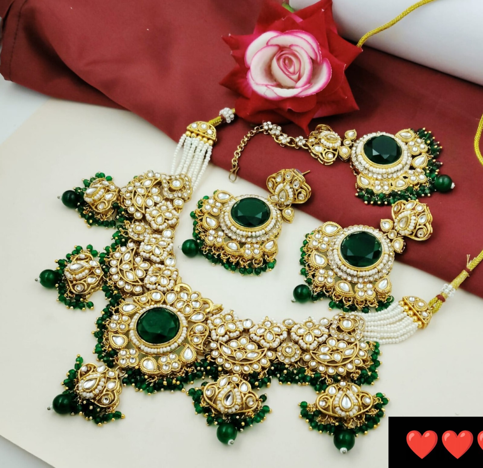 Kundan Pearl Green Stone Bridal Necklace Set Earrings Wedding Free Shipping