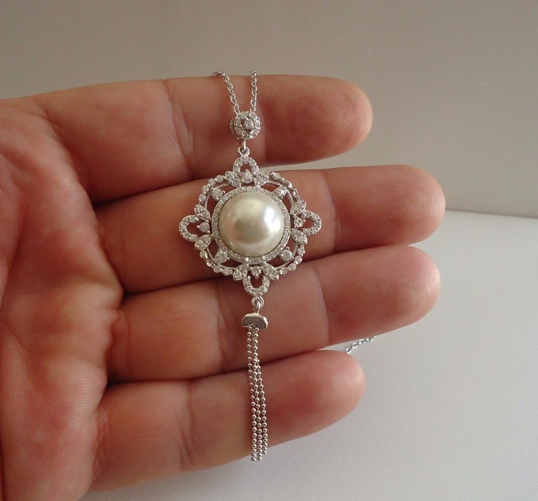 CLUSTER DANGLING NECKLACE W/ LAB DIAMONDS & PEARLS/ 925 STERLING SILVER / 18”