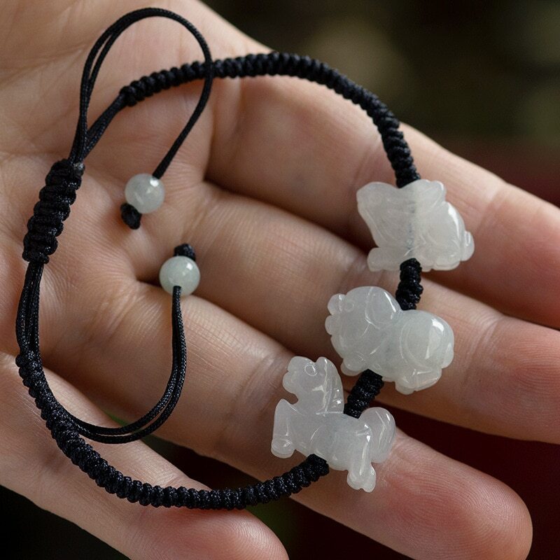 Customized Natural Jade Emerald Chinese Zodiac Hand Knotted Bracelet Adjustable