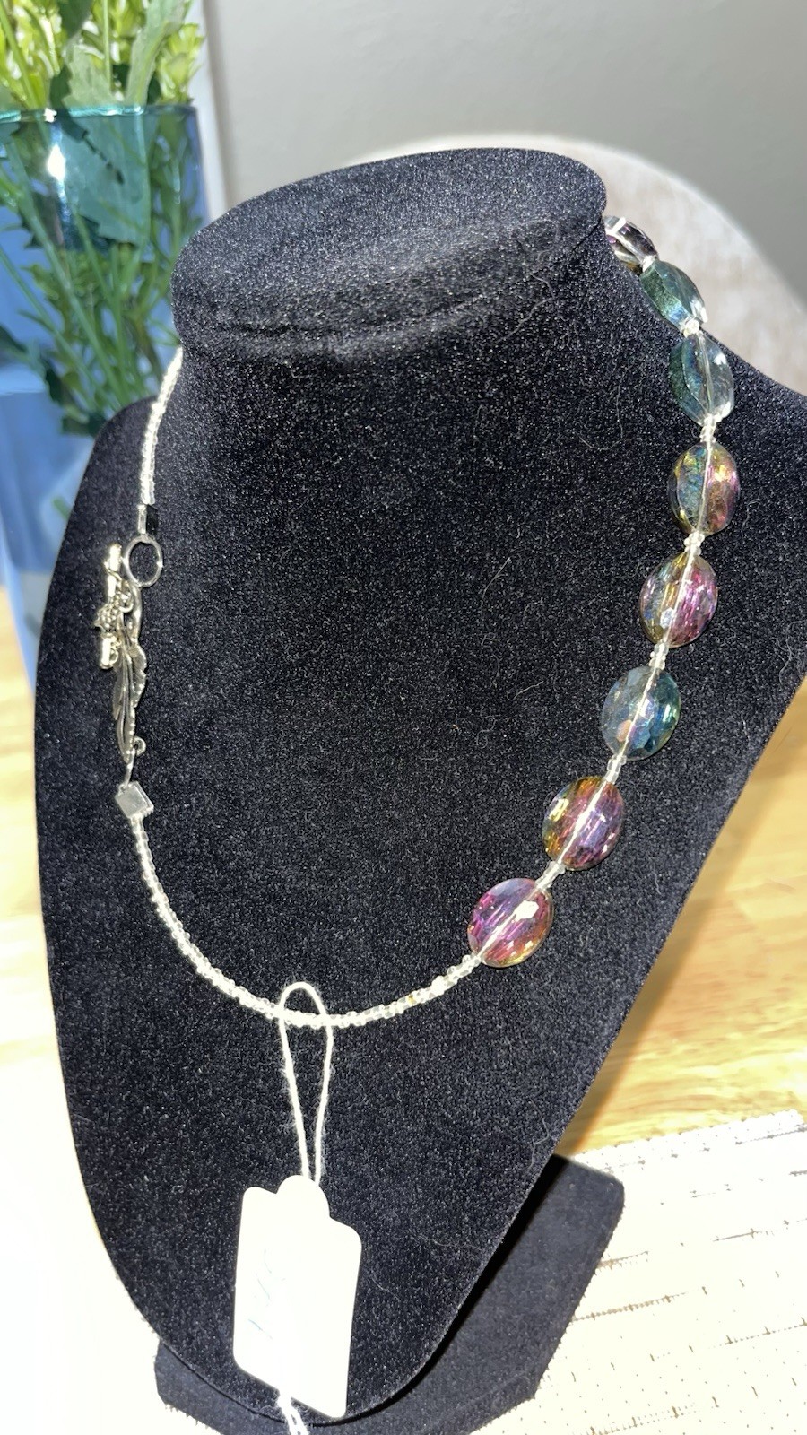 Silver Tone Beaded Necklace Multicolor Round Stones Leaf Charm Lobster Clasp