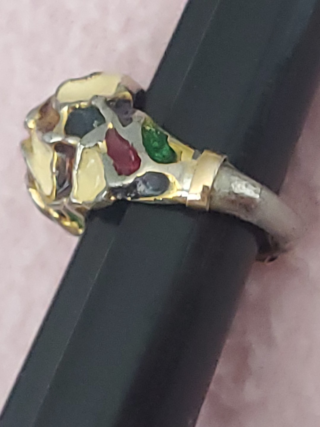 vintage modernist enamel dome ring, Chunky mosaic “brutalist” F5