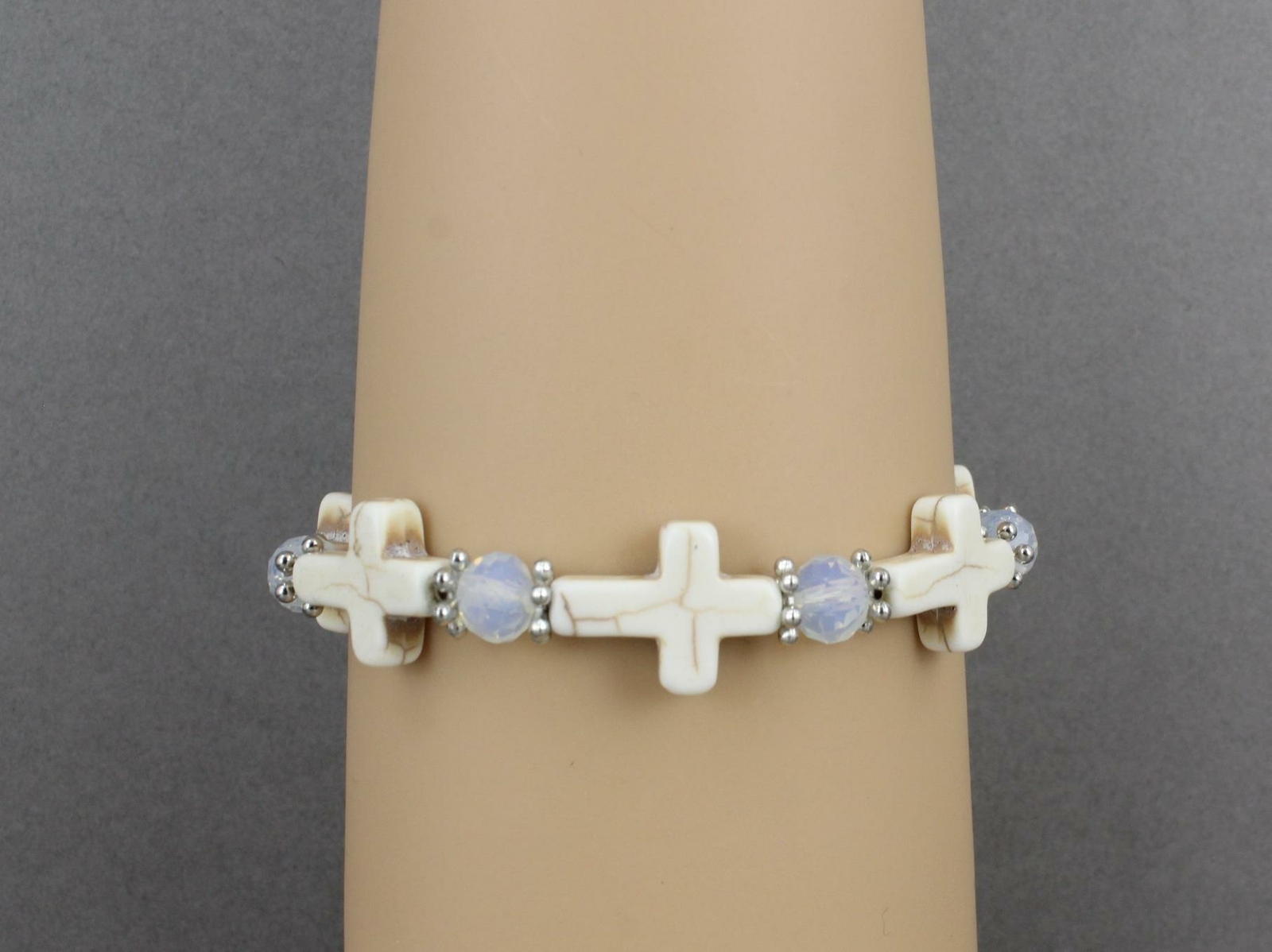 cross bracelet stretch Cream Silver stretchy beaded bracelet