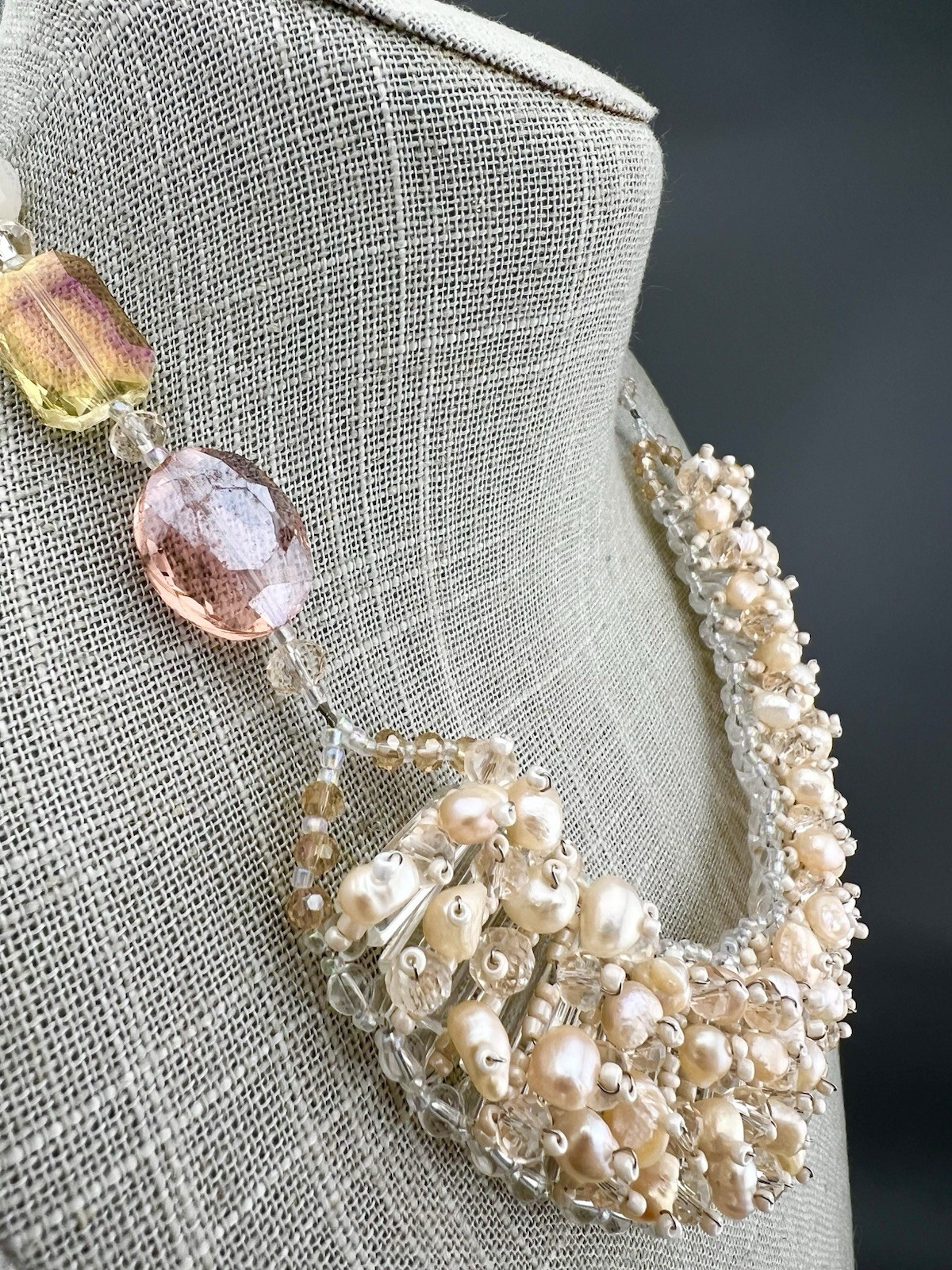 Pearl Statement Necklace Glass Beaded Bib Peach Pink 17”
