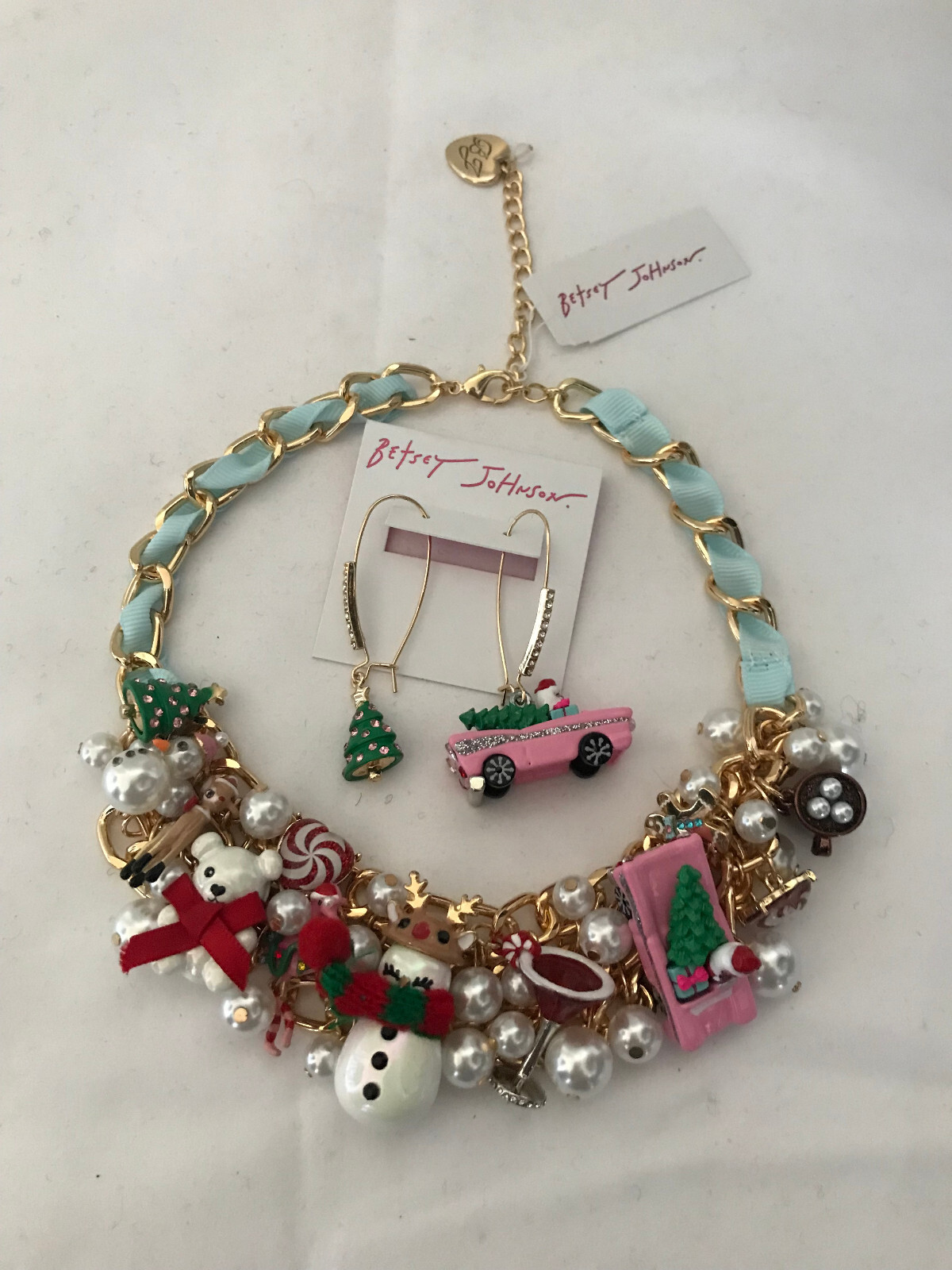 Betsey Johnson Christmas Tree Reindeer Snowman Statement Necklace Earrings New
