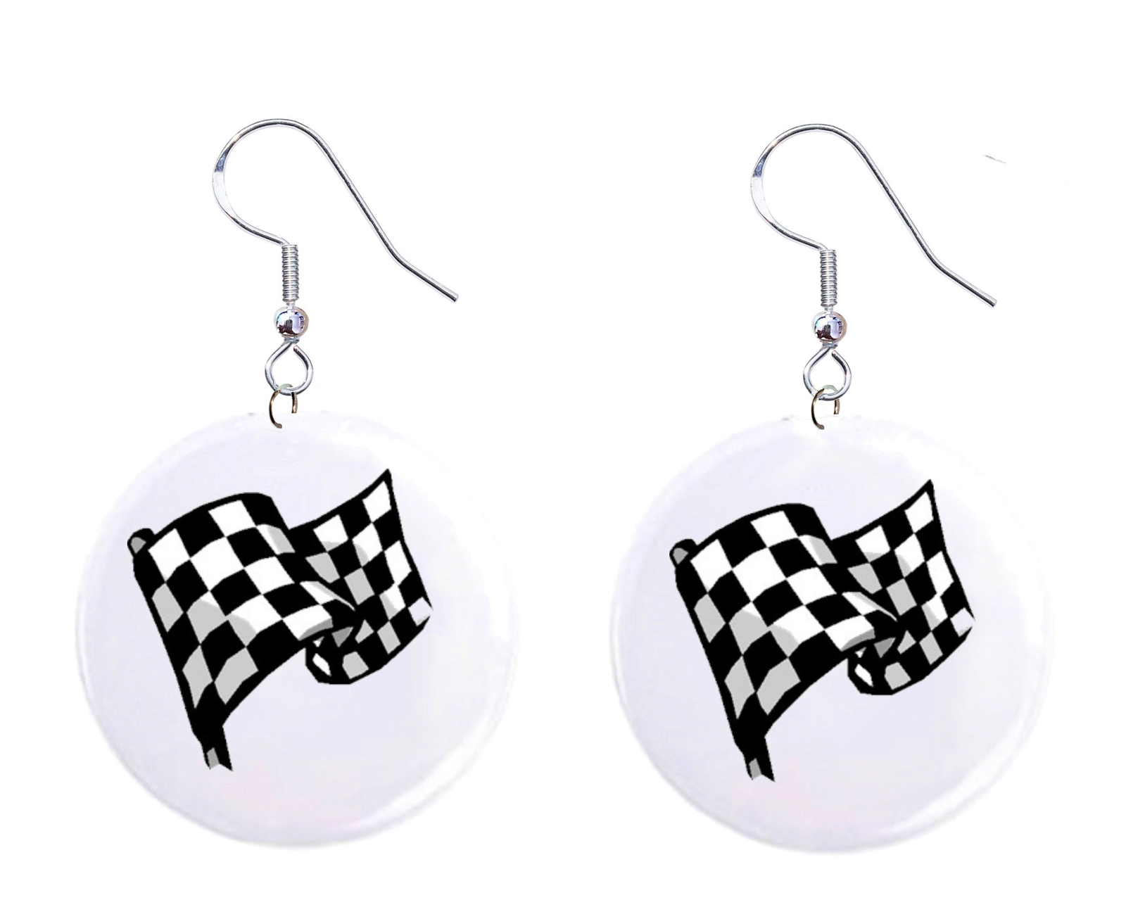 Checkered Flag Auto Racing Button Earrings Jewelry 1″ Dangle MADE IN USA – NEW