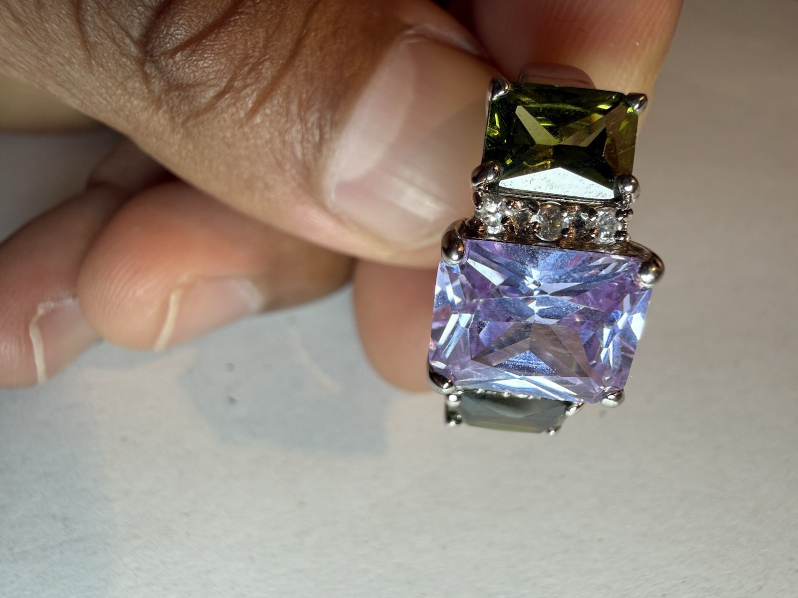 925 Sterling Silver Cocktail Ring Purple Square Center Stone Green Sides Sz 10