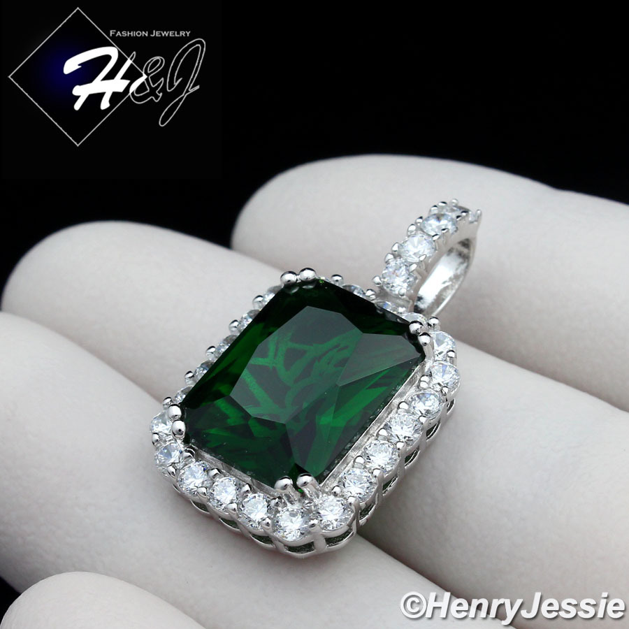 24″MEN 925 STERLING SILVER 2MM MOON CUT BEAD CHIAN GREEN RHINESTONE PENDANT*P156