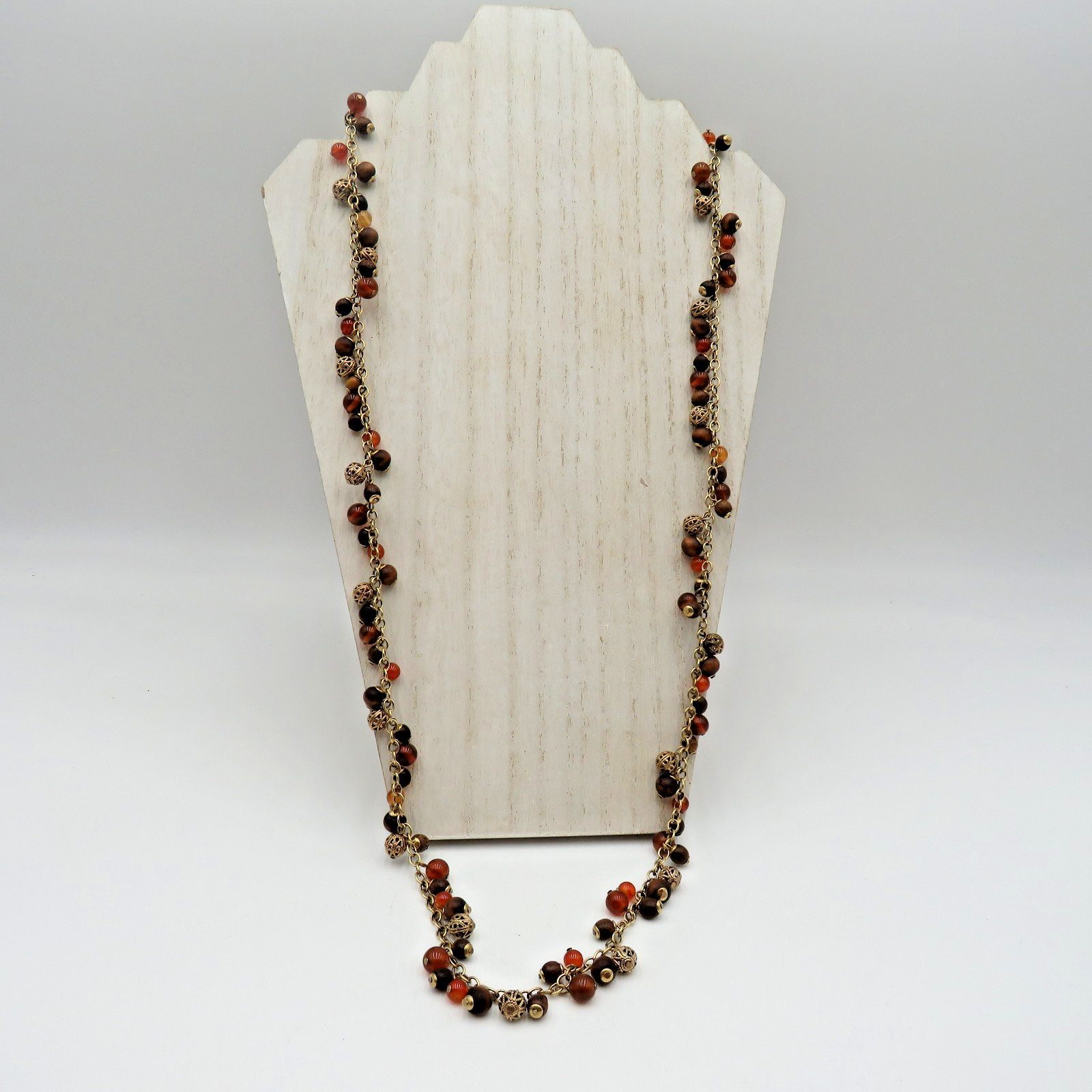Vintage Beaded Necklace Bracelet Set Filigree Toggle Clasp 32″ Boho Jewelry