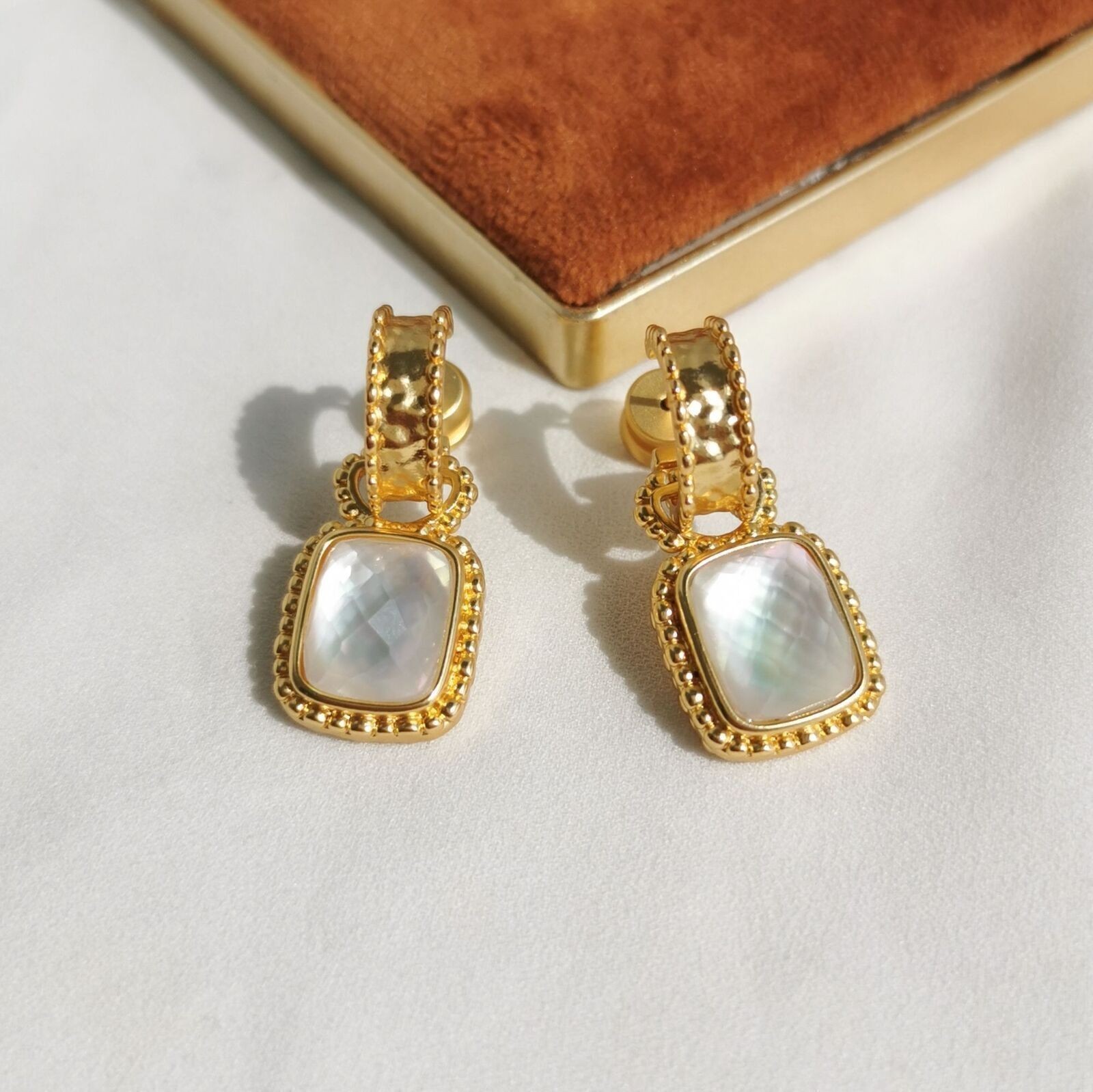 Julie Vos Gold Marbella Square Shell Freshwater Pearls Earings Elegance