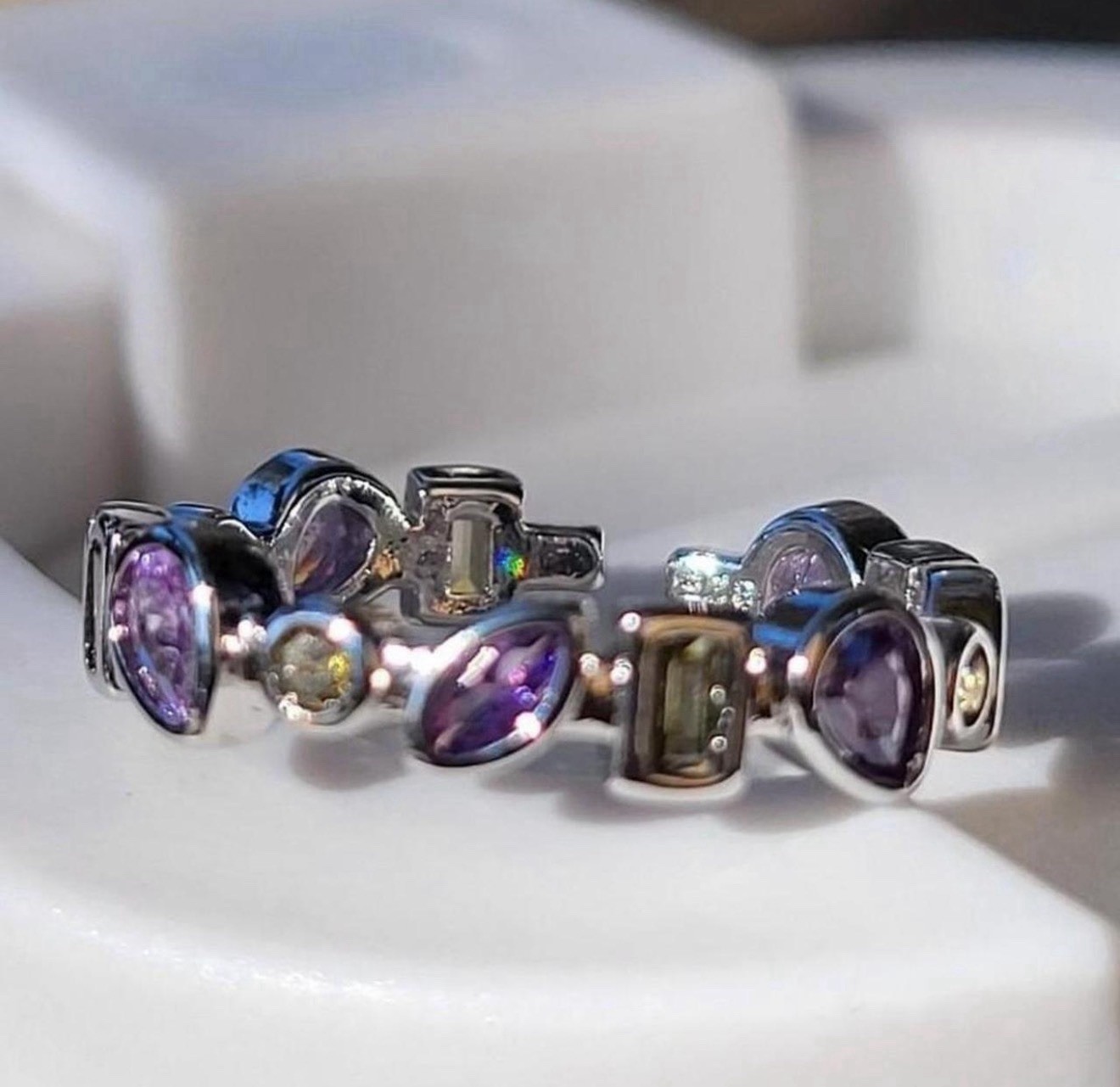 Silver Tone Eternity Band Ring Purple & Green Gemstones Adjustable Stackable