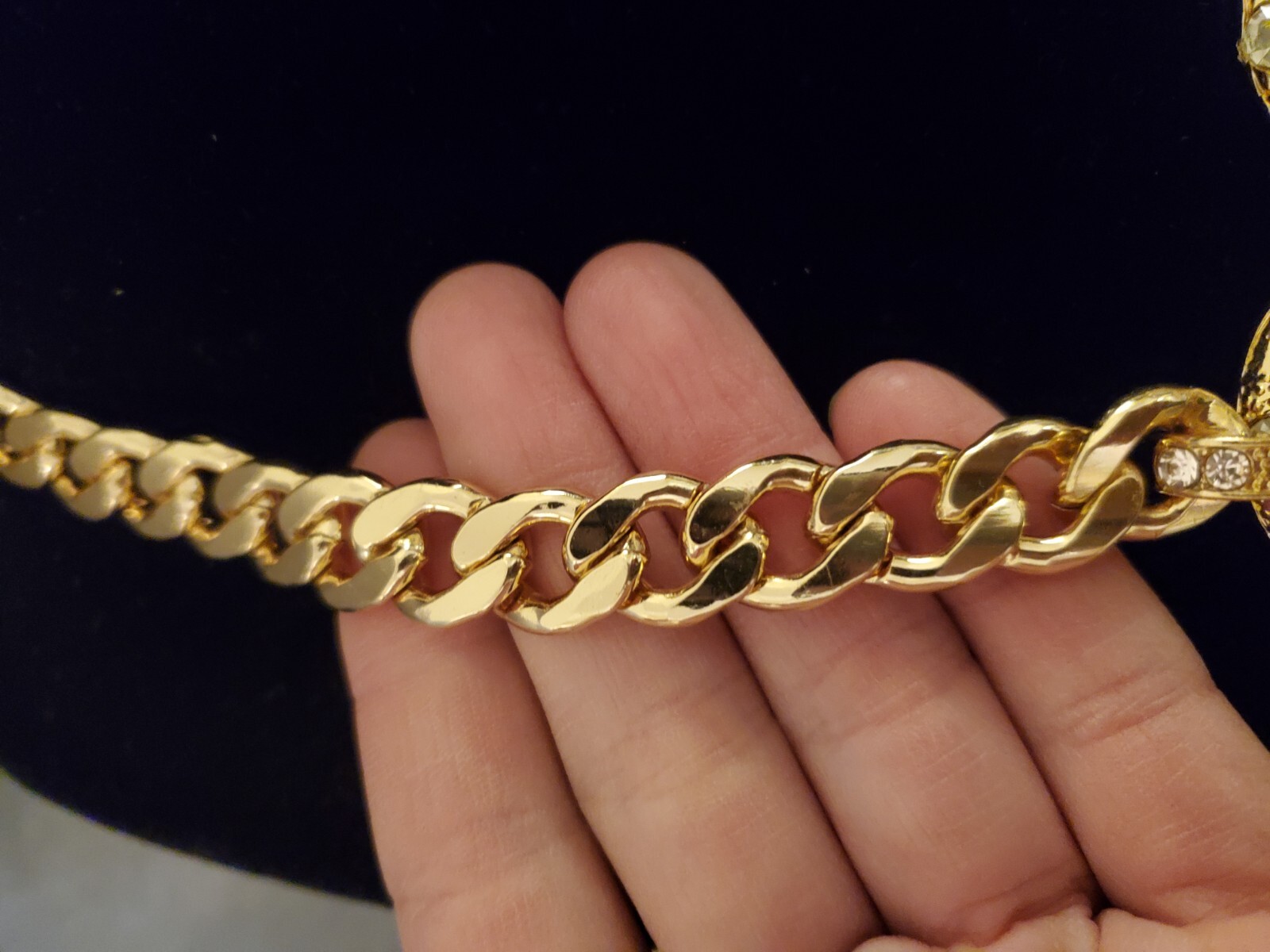 Huge Egyptian Revival Rhinestone Snake Necklace Gold Curb Chain Glossy