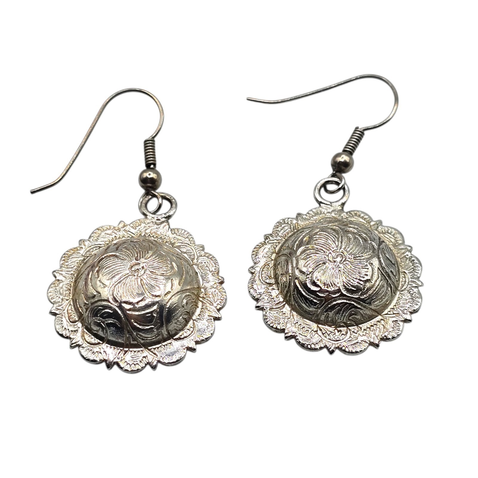 Earrings Raised Floral Repousse Design Dome Discs Scalloped Edged Pierced SK3164