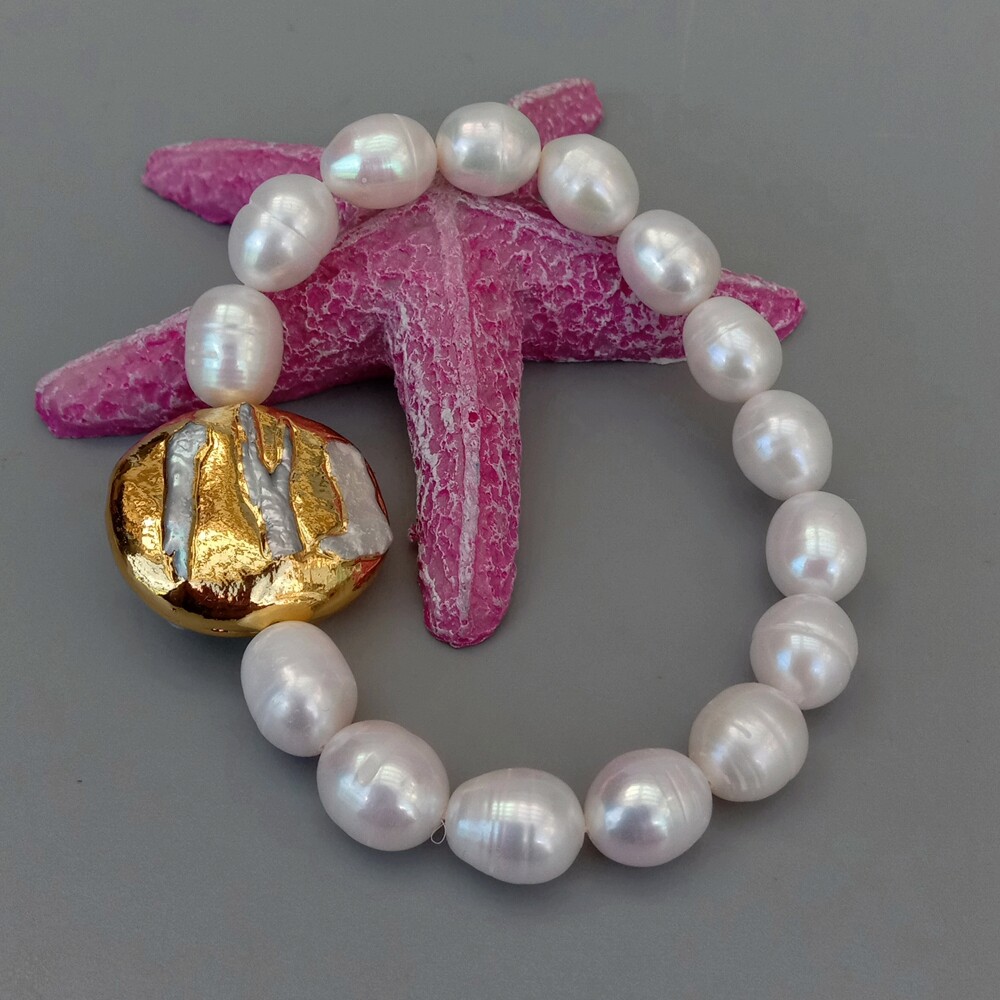 9x11mm White Rice Pearl Biwa Pearl Gold Plated Elastic Bracelet