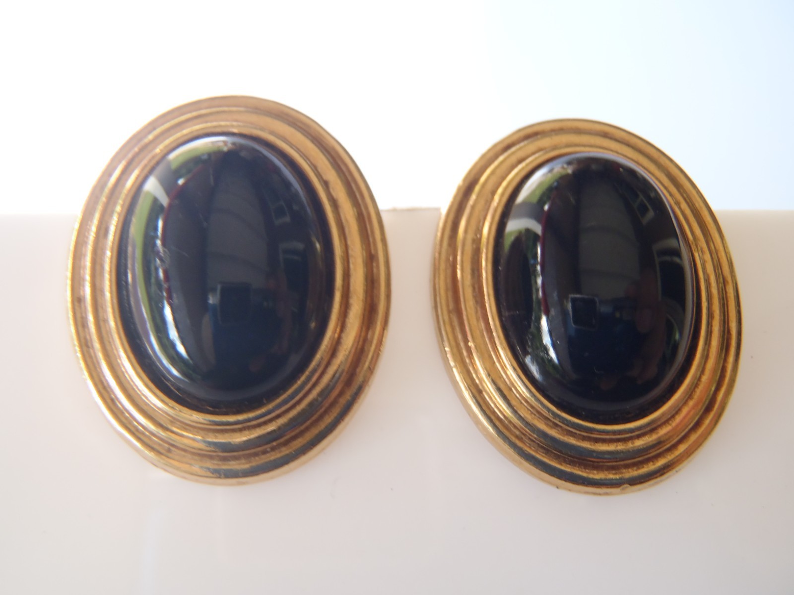 Vintage Lanvin Germany Oval Black Gold Tone Clip on Earrings