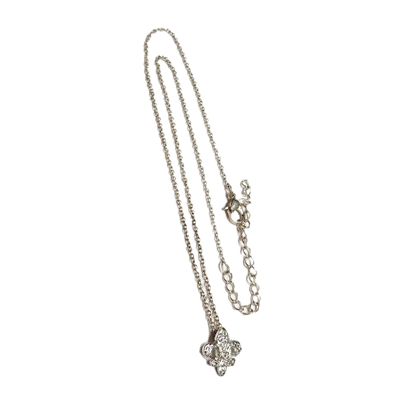 Dainty White Rhinestones & Silver Tone Fleur De Lis Pandant Charm Necklace 18″