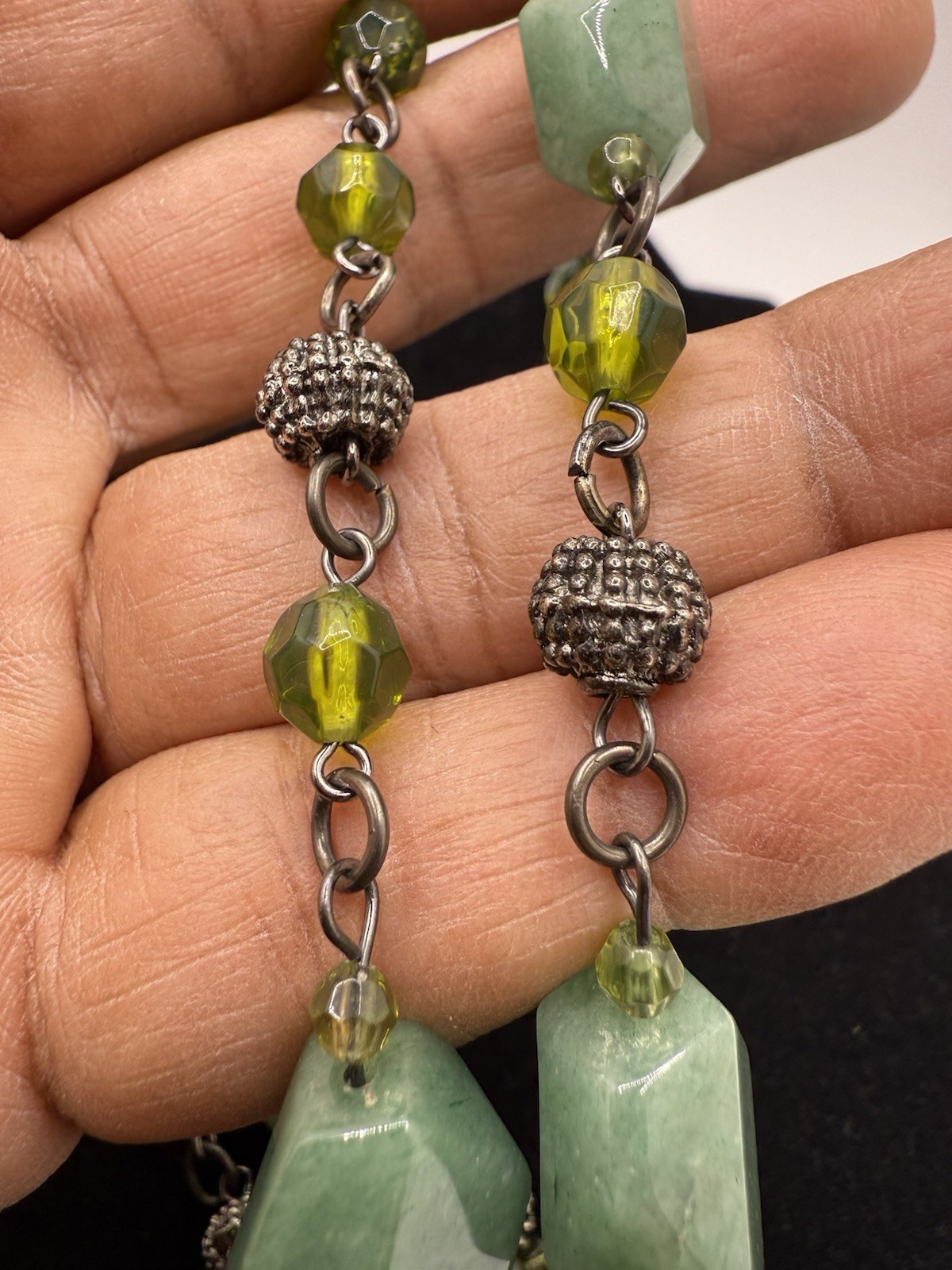 Teal Green Gemstone Aventurine Necklace Earring Set Olive Glass Silver-tone
