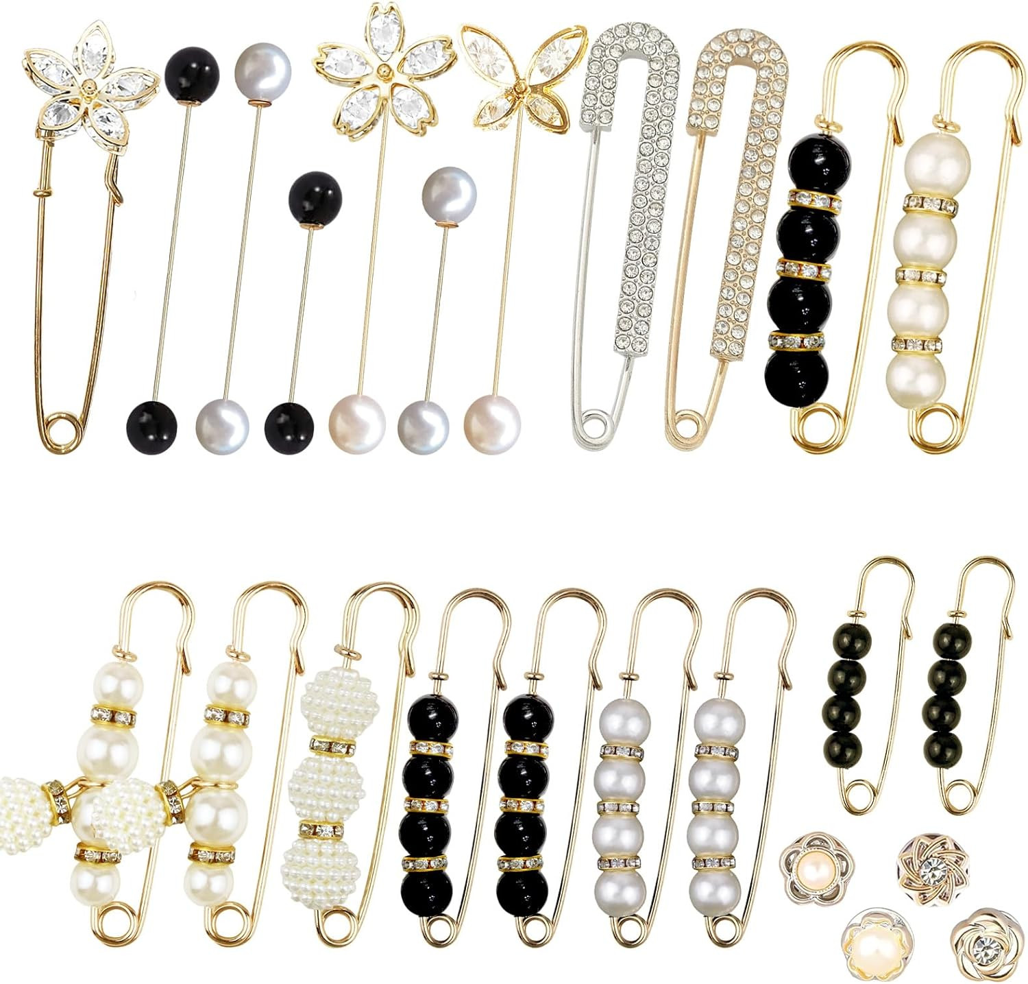 24 Pieces Pearl Crystal Brooch Safety Pins Button Pins Pant Waist Tightener Pins