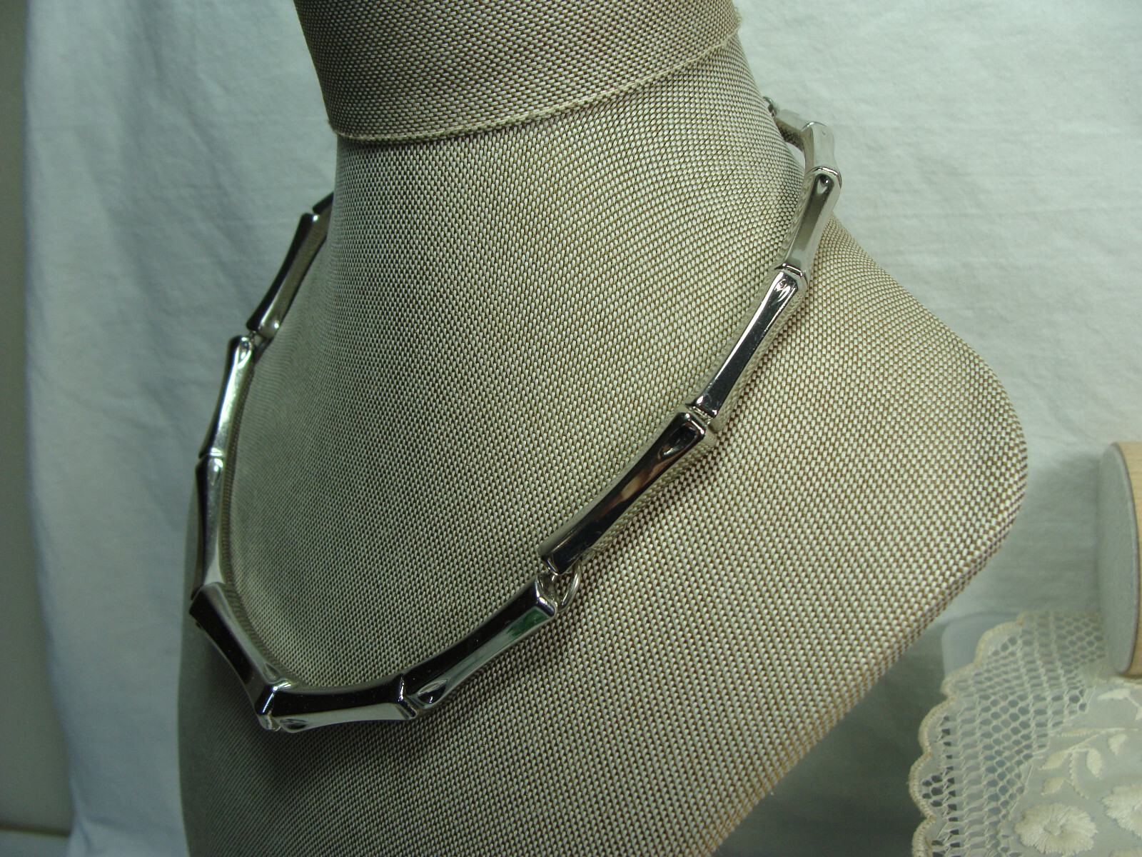 Chico’s Asian Silver Tone Bamboo Link Collar Choker Statement Boho Mod Necklace