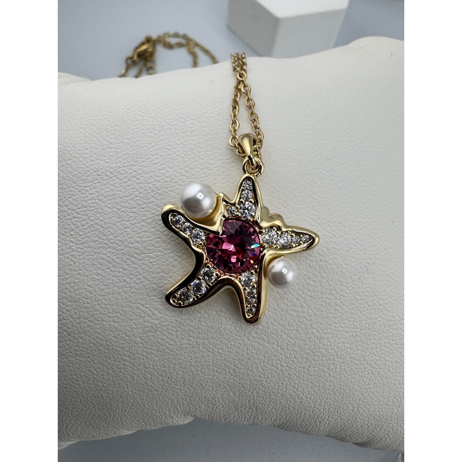 New 14K Gold Plated Starfish Necklace Earring Set Pink Crystal Pearl Nautical