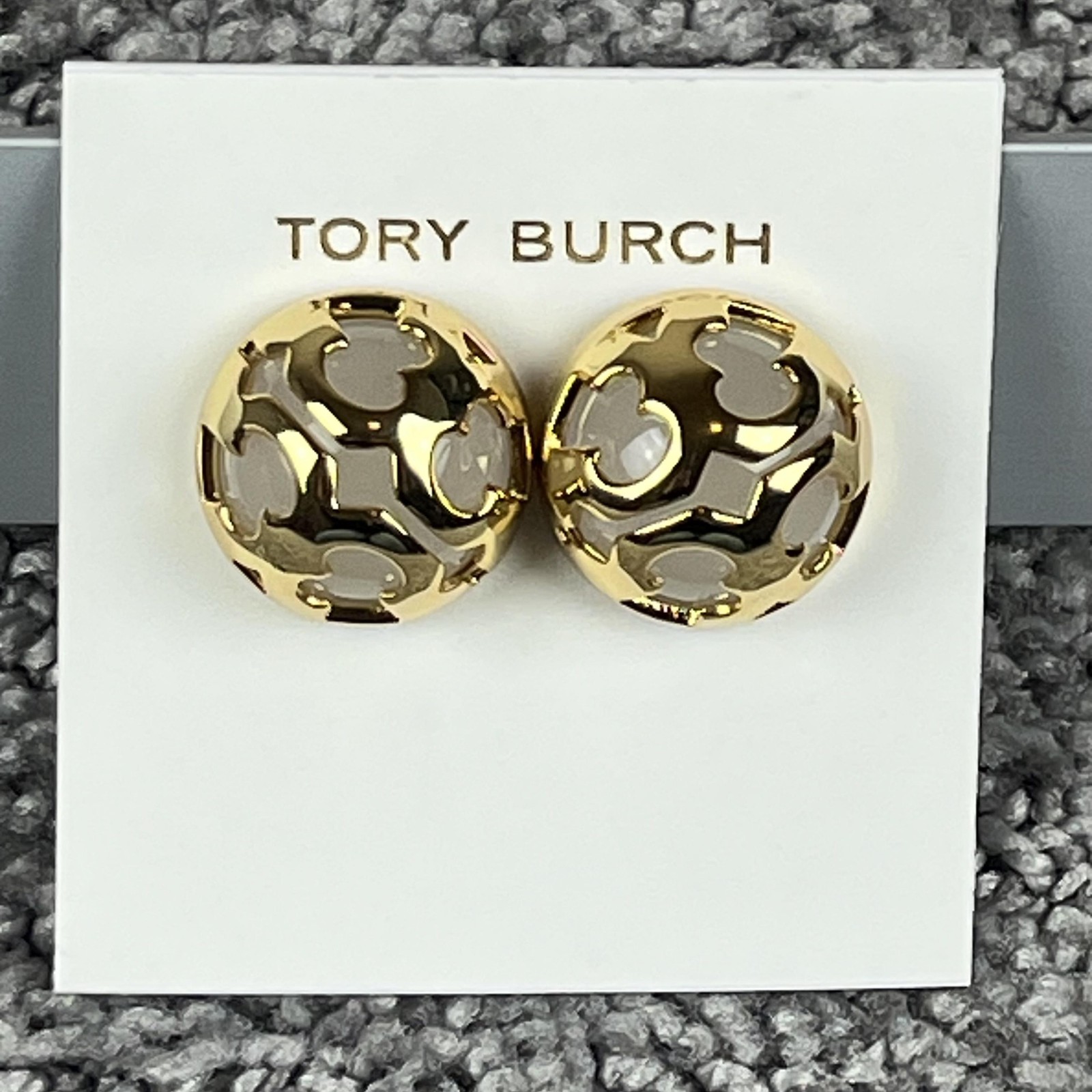 Tory Burch Gold Tone Round Logo Stud Earrings Women Jewelry Statement Elegant