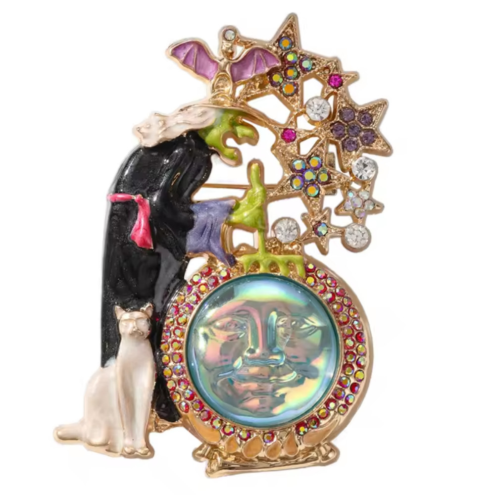 Vintage Witch Crystal Ball Brooch Pin Halloween Enamel Cat Rhinestone Jewelry Gi