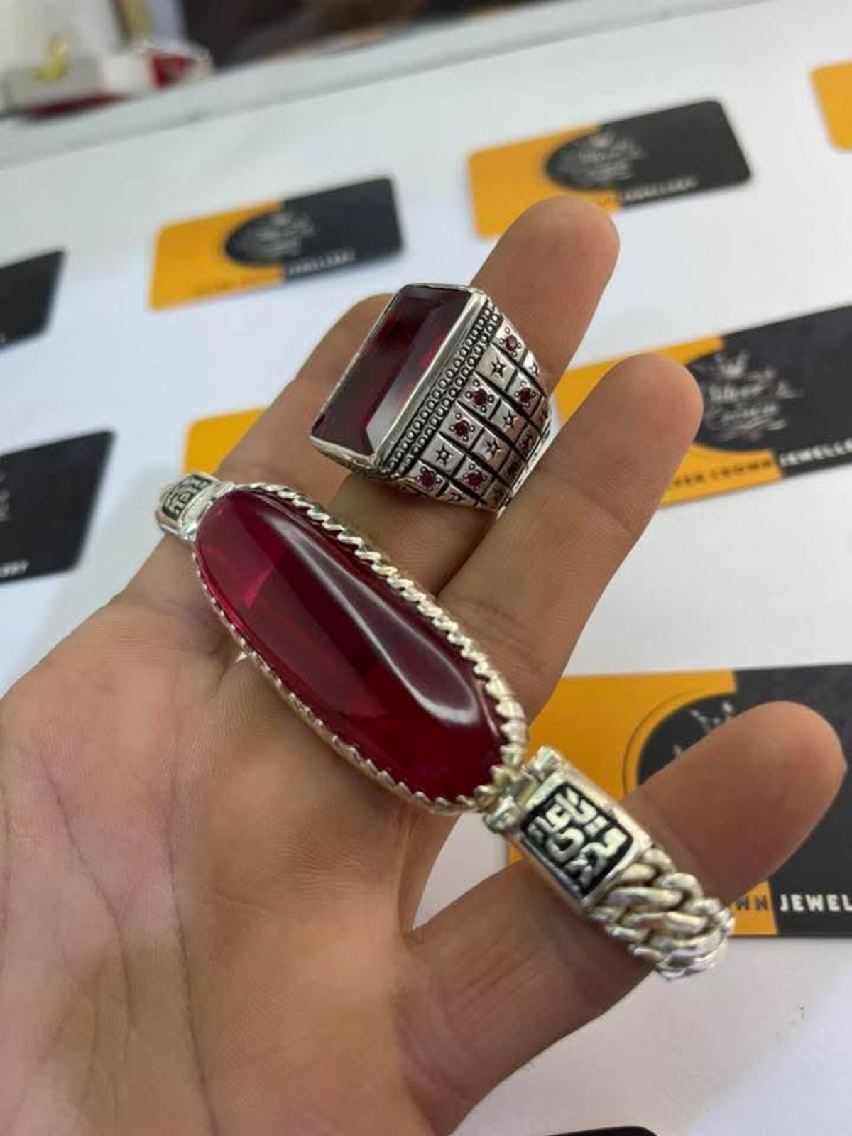 Hand-Engraved Sterling Silver Ruby Ring, Bracelet Set | Islamic Jewelry for Him