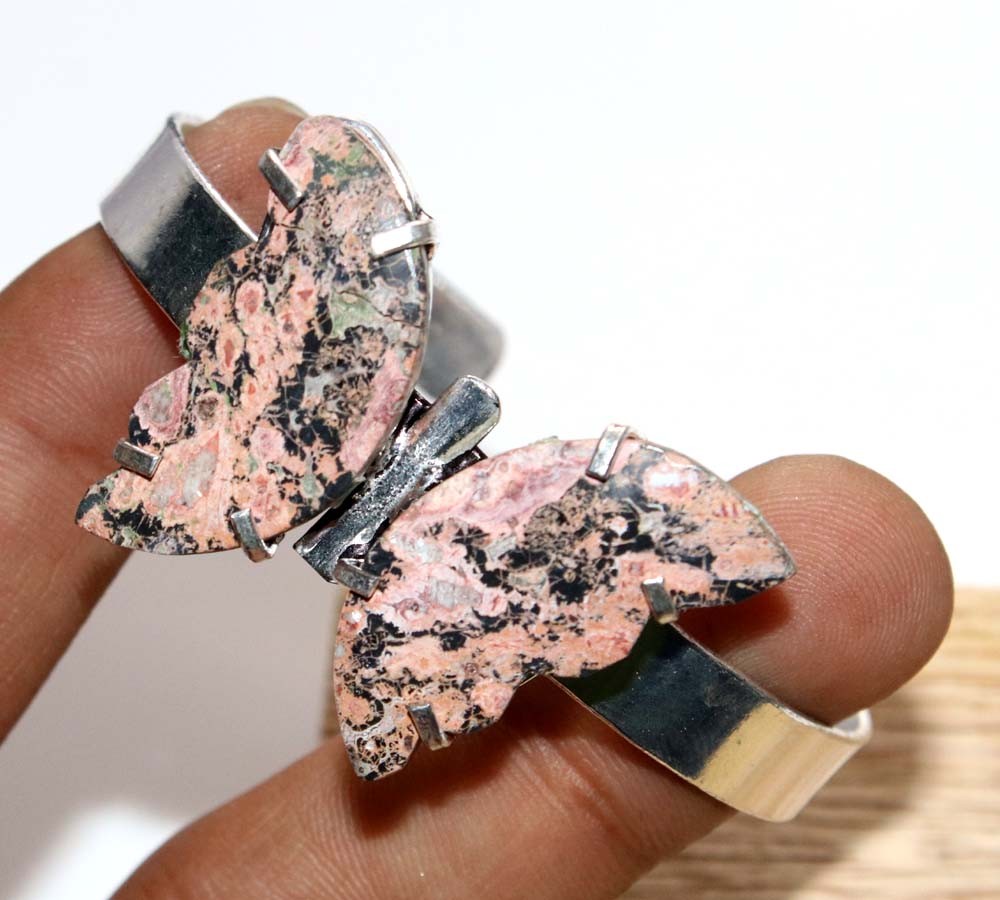 Huge Butterfly Leopard Skin Jasper 925 Silver Plated Bangle FreeSize Trendy MJ