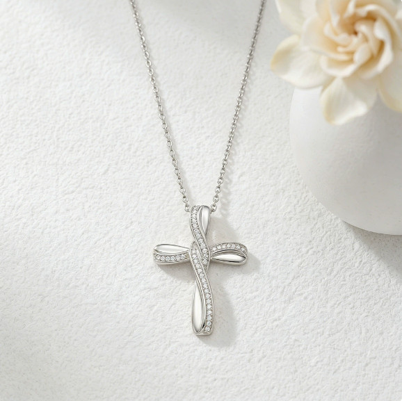 Twisted Cross Cubic Zirconia Stainless Steel Necklace For Women Gift