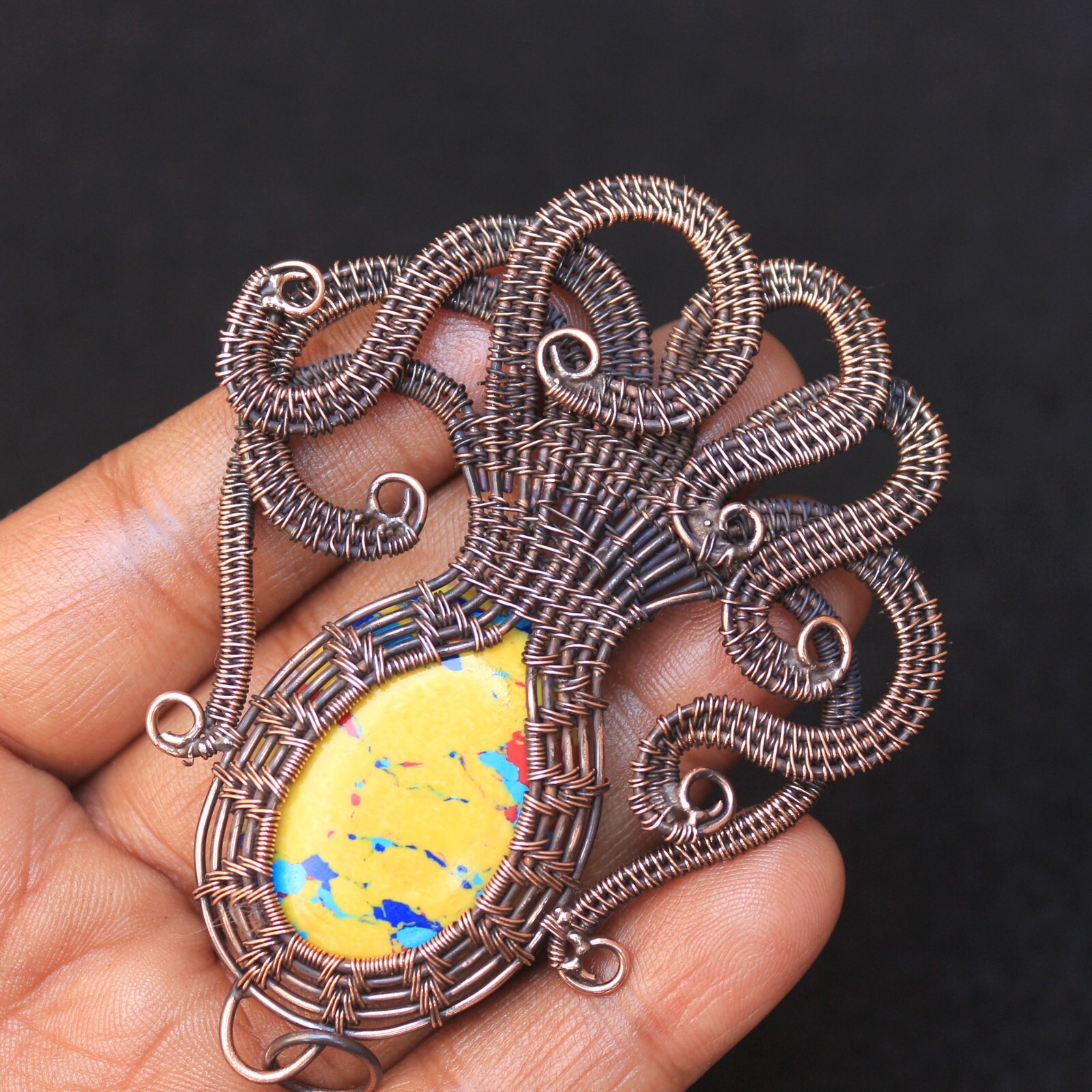 Octopus Gift Pendant Yellow Turquoise Copper Wire Wrap Gemstone Jewelry N331