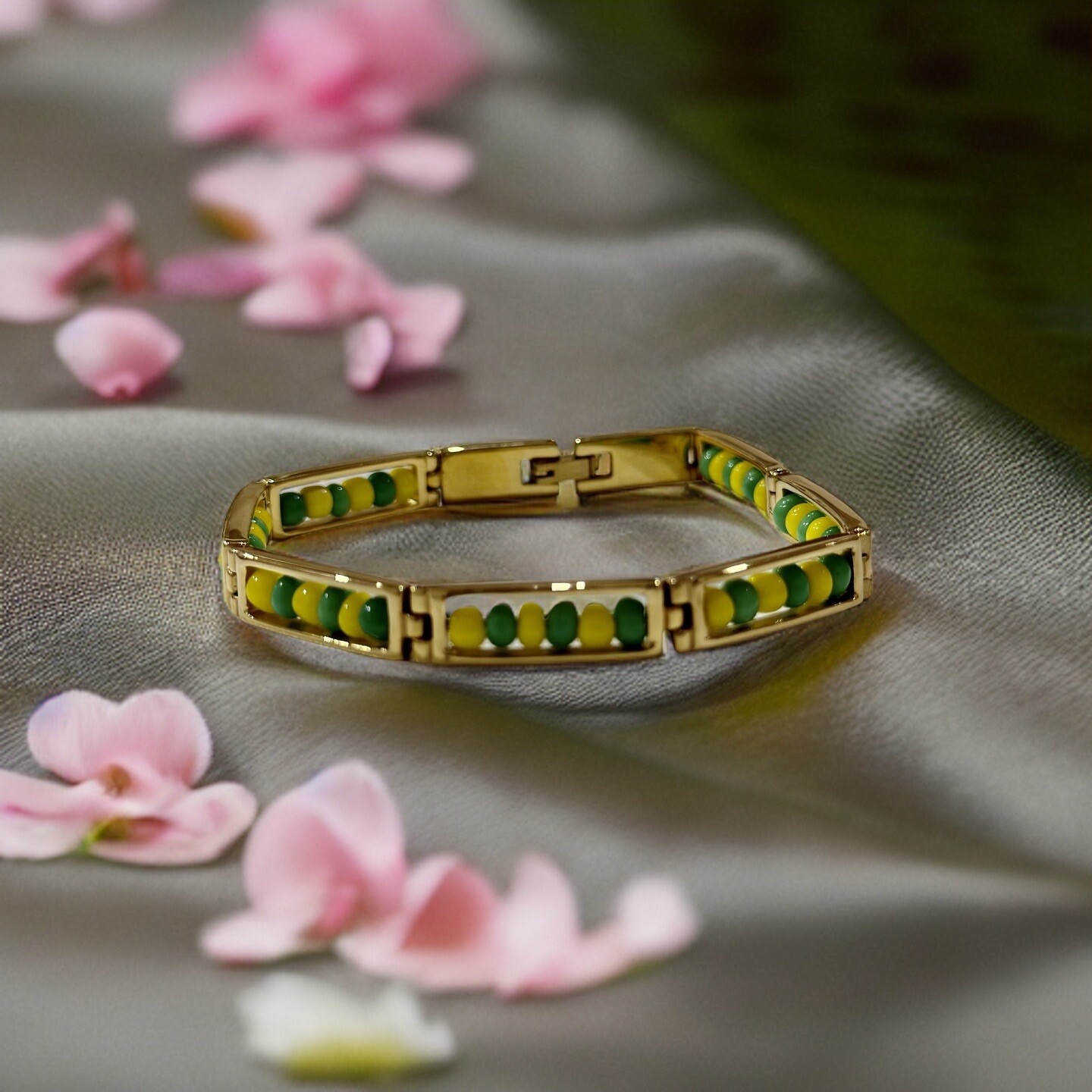 Stainless Steel Green Yellow Beads Amulet Protection Orula Bracelet 8-9 Inches