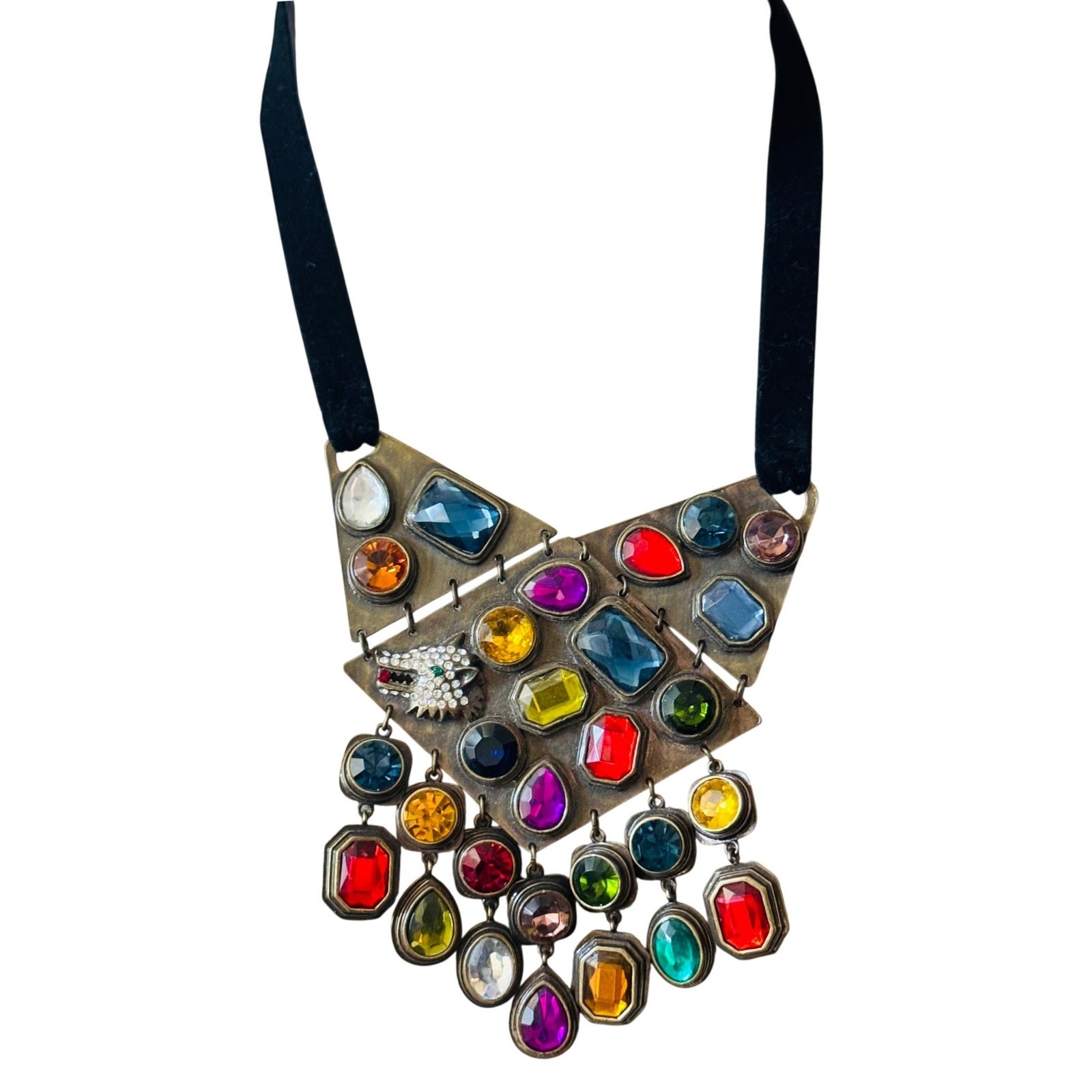 Loulou de la Falaise necklace colorful jeweled rhinestone gold tone velvet 32″