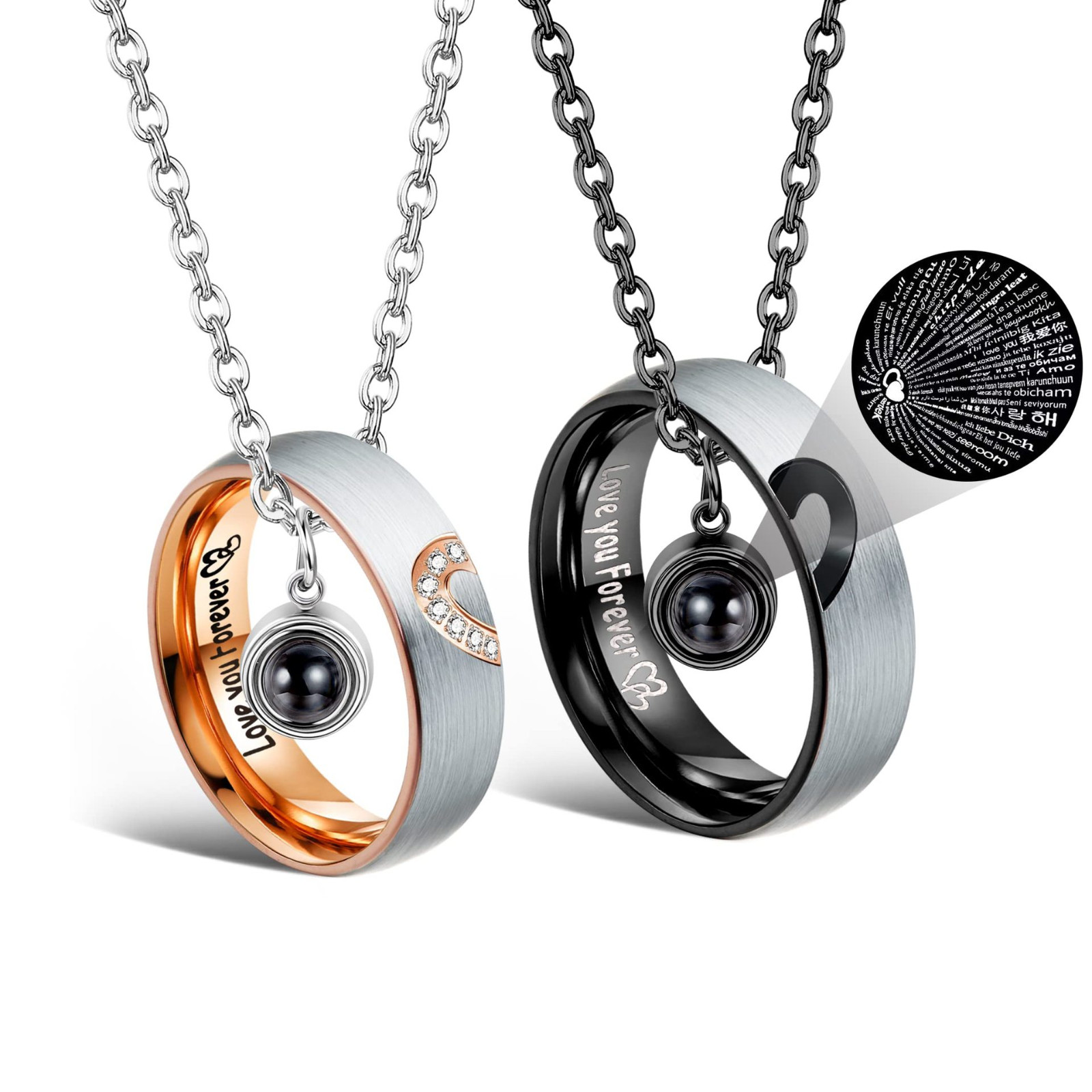 Stainless Steel Promise Couple Ring Pendant Necklace I LOVE YOU 100 Languages